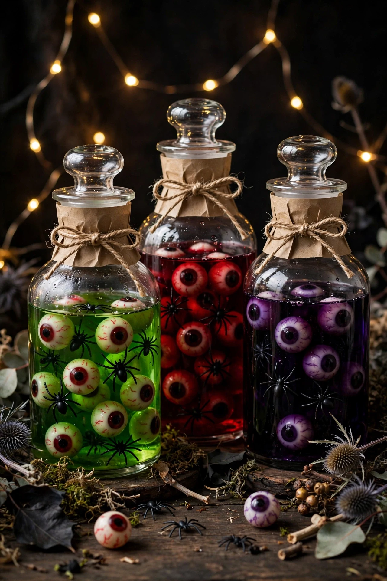 Glass apothecary jars filled with colored potions and spooky labels as Halloween centerpiece