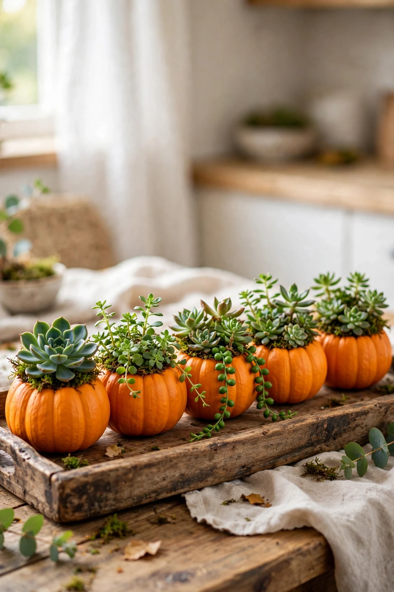Mini pumpkins hollowed and planted with green succulents lined on wooden tray