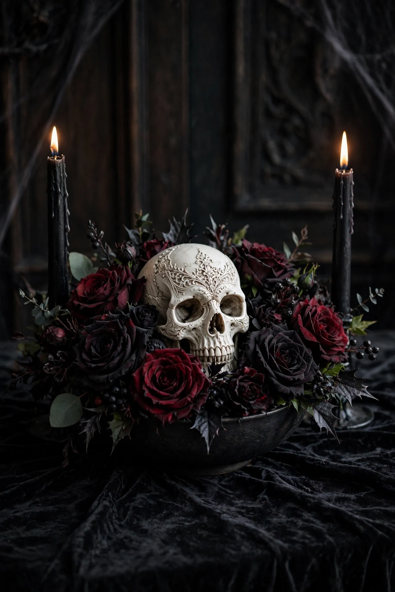 Gothic Halloween centerpiece with decorative skull surrounded by dark red roses
