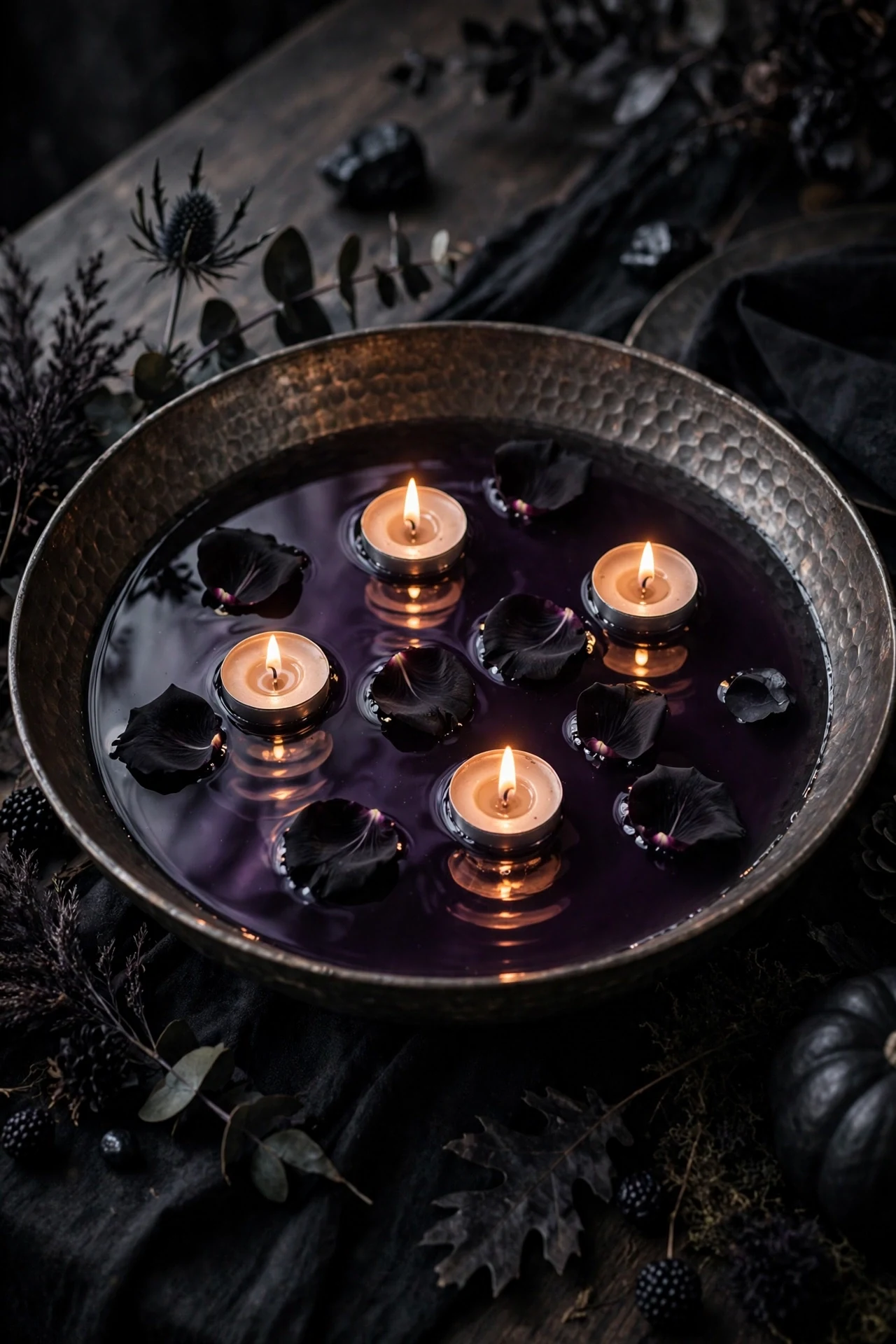 Shallow bowl of dark water with floating candles and petals as Halloween centerpiece