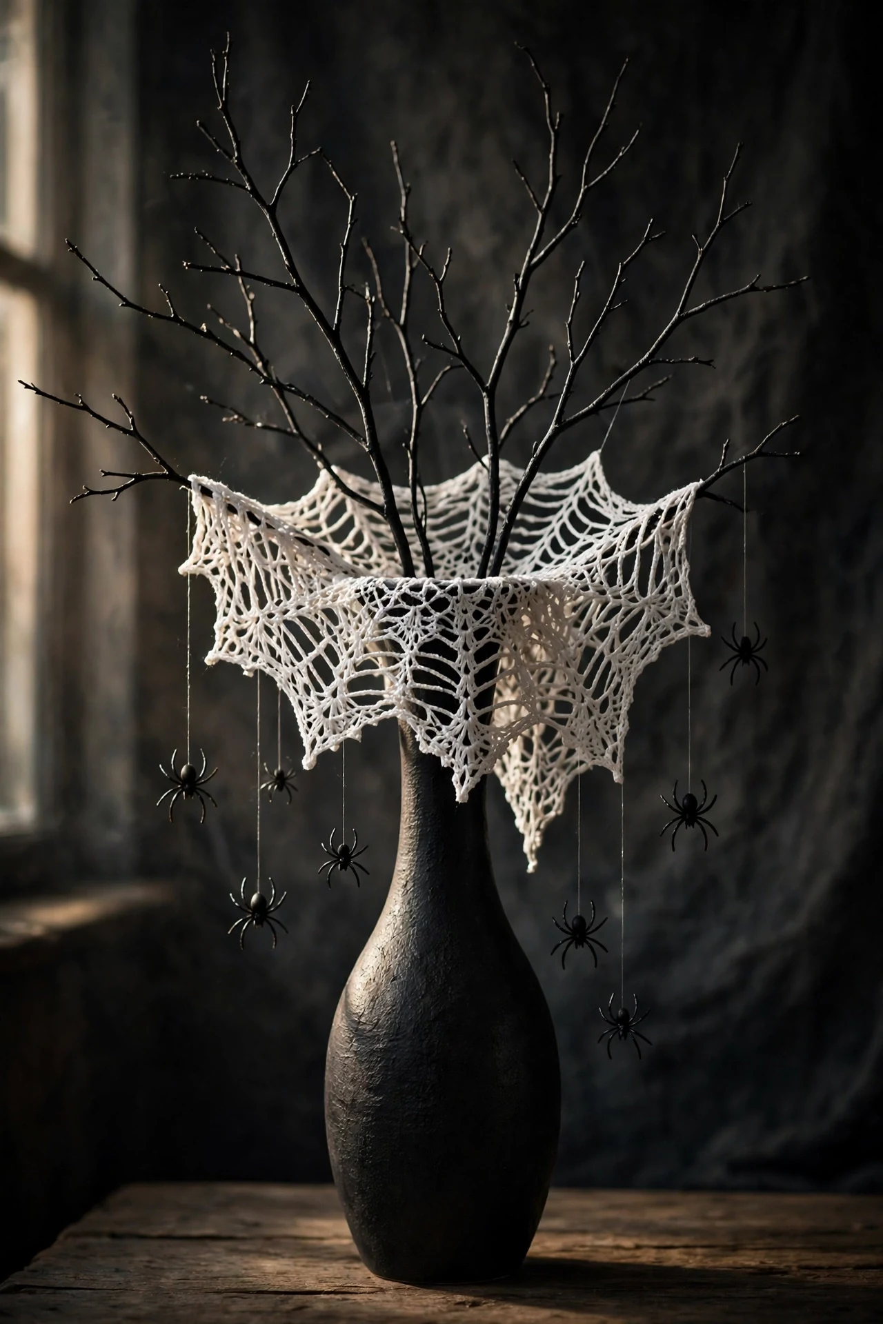 Tall black vase with bare branches draped in spiderweb doily with hanging spiders