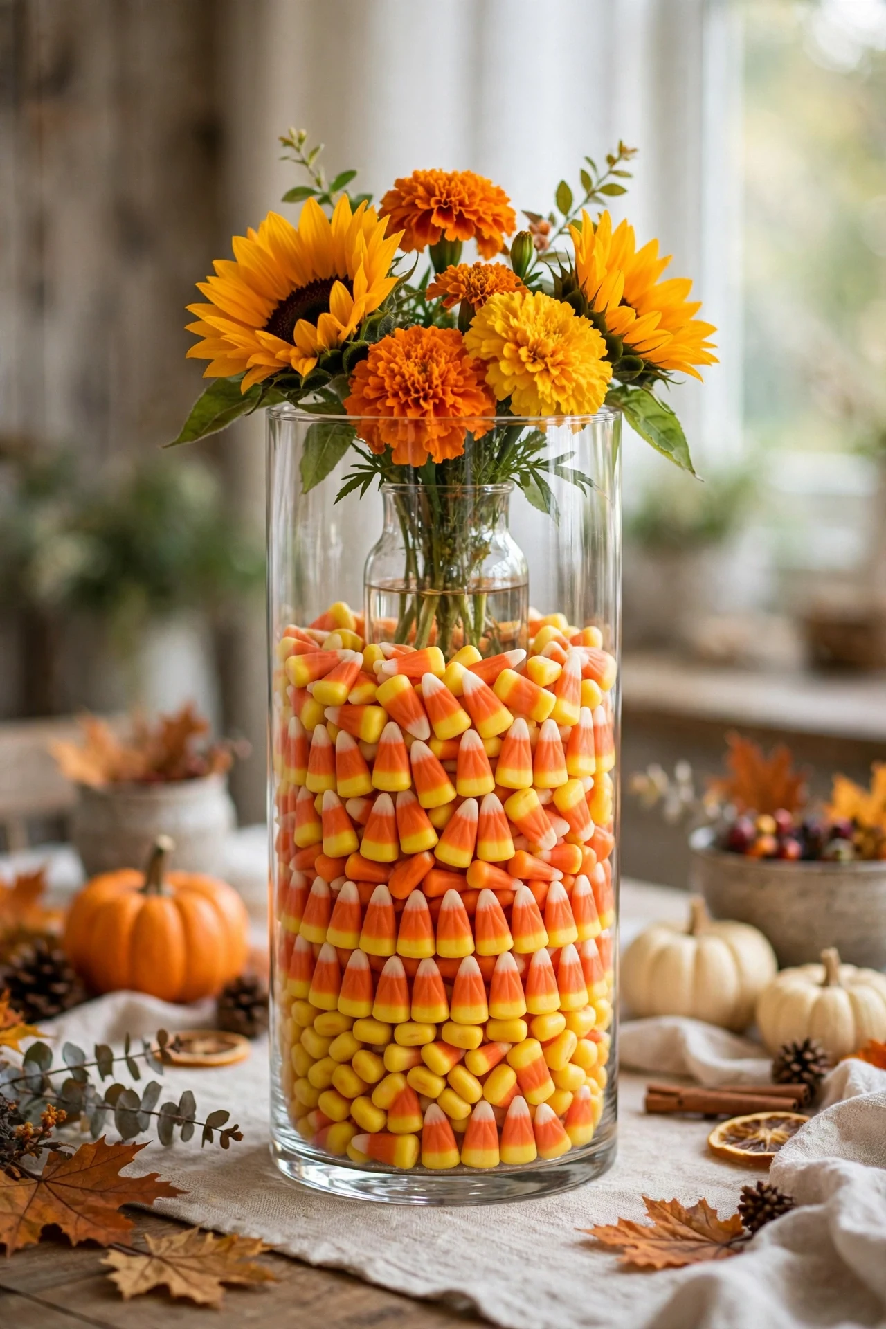 Glass vase layered with candy corn holding orange flowers as Halloween centerpiece