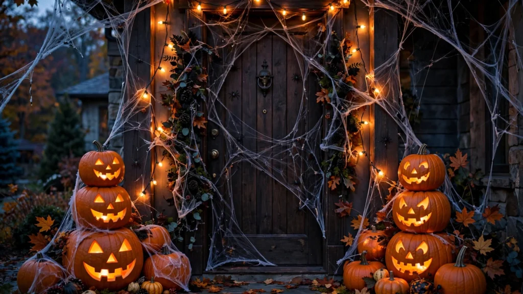 Stunning Halloween front door display with pumpkins, spiderwebs, and glowing orange lights at dusk