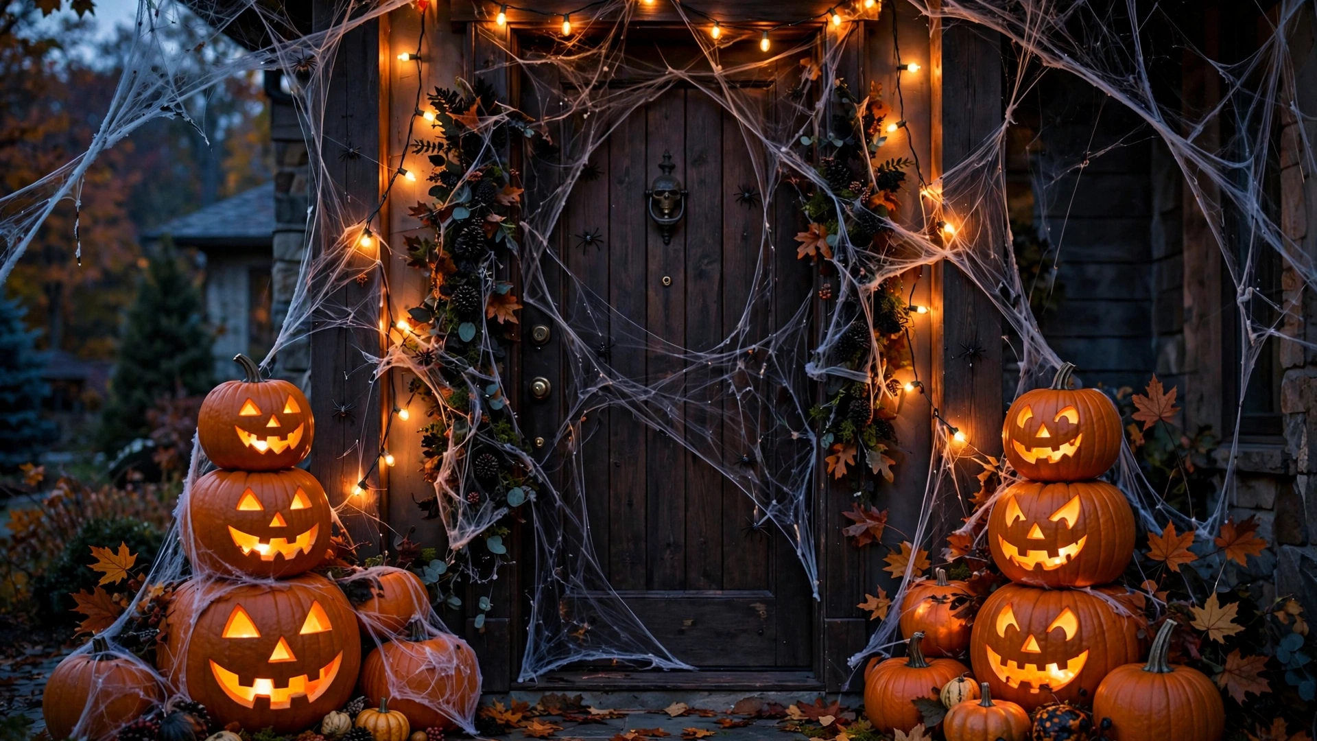 Stunning Halloween front door display with pumpkins, spiderwebs, and glowing orange lights at dusk
