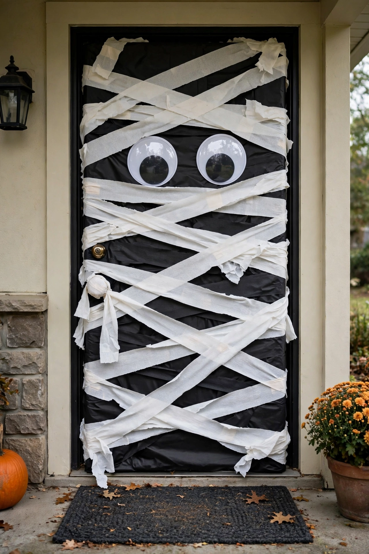Front door wrapped in white mummy bandages over black paper with two giant googly eyes