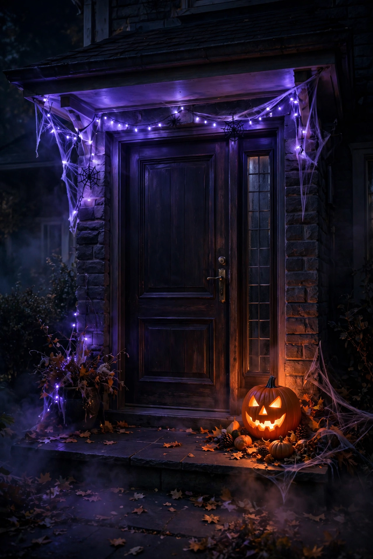 Front door bathed in eerie purple and orange Halloween lighting at night