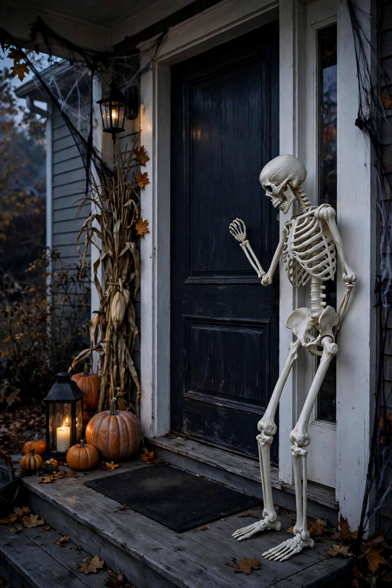 Life-size skeleton posed leaning against a front door frame as if knocking
