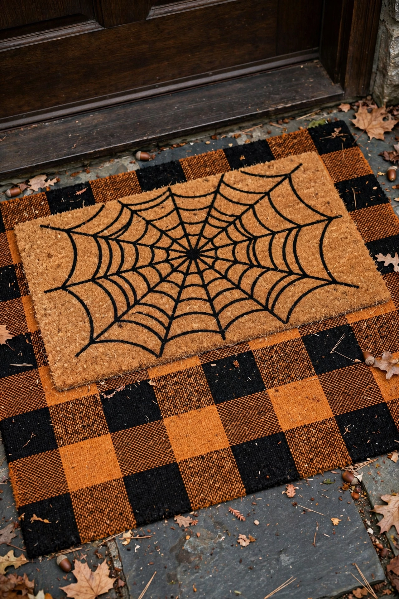 Layered Halloween doormats with a spiderweb print mat over a black and orange buffalo check rug