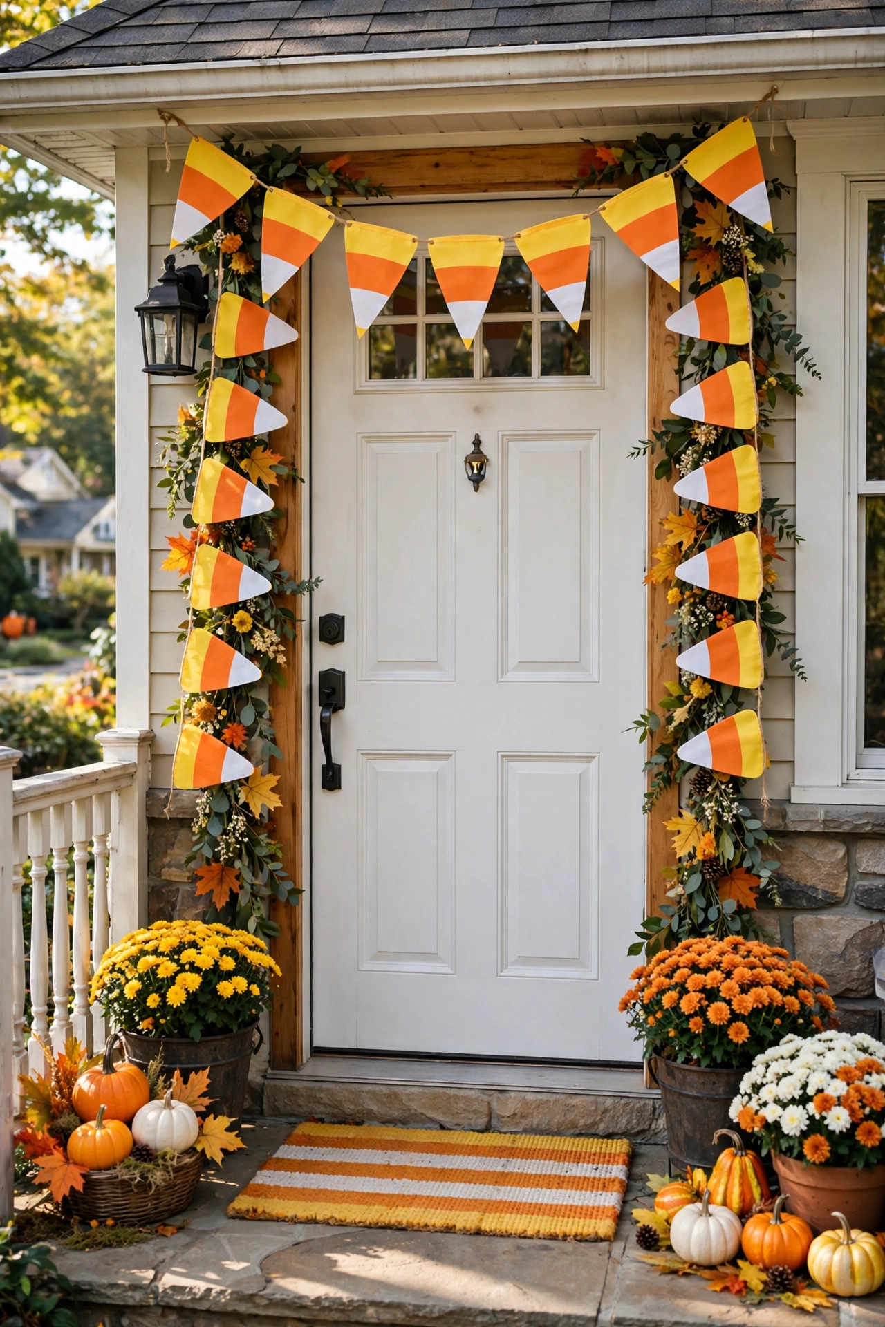 Front door decorated in candy corn colors with yellow orange and white striped garland