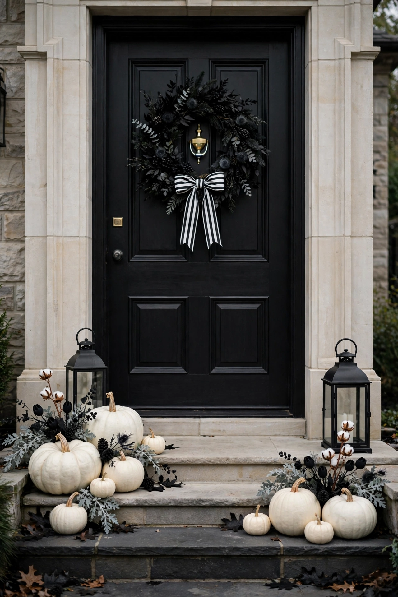 Elegant black and white Halloween front door with white pumpkins and black wreath
