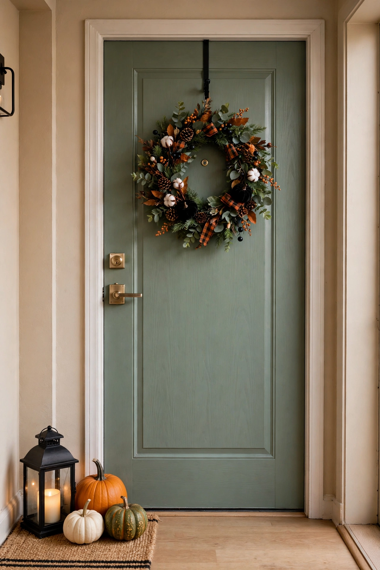 Apartment front door with removable Halloween decorations, wreath on over-door hook, pumpkins beside