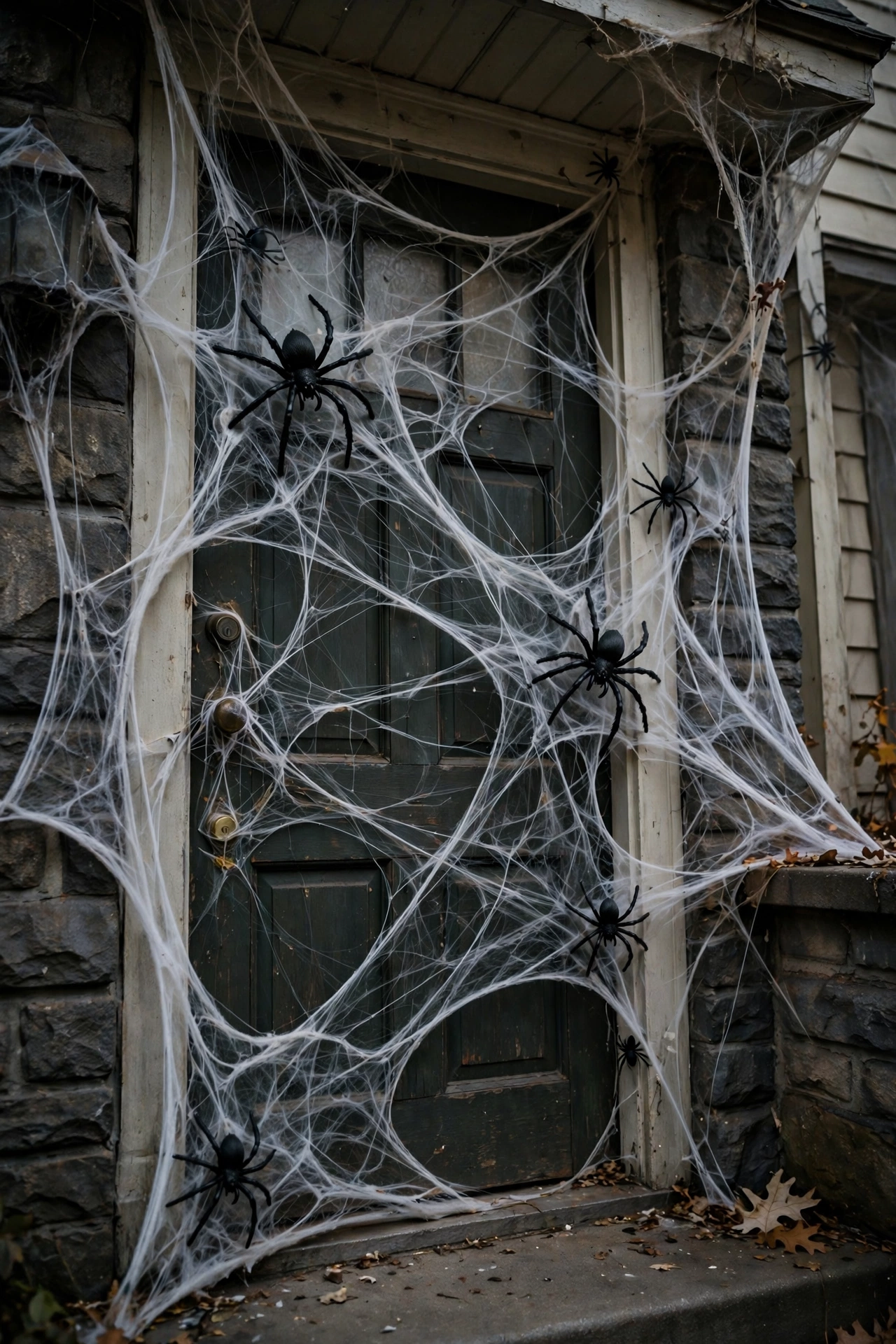 Front door covered in stretchy white spiderwebbing with large black plastic spiders