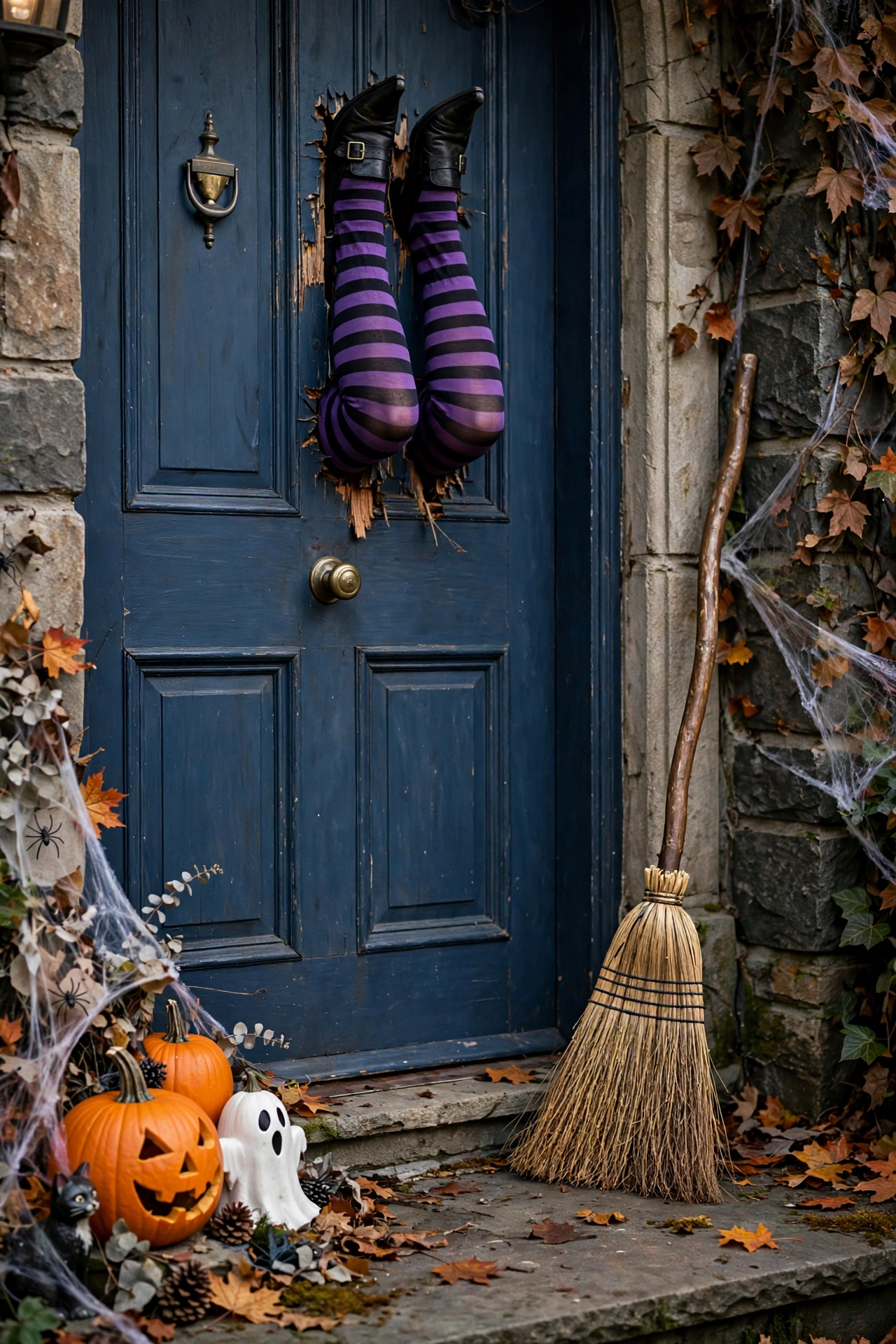 Striped witch stocking legs with black shoes stuck upside down on a front door with a broom
