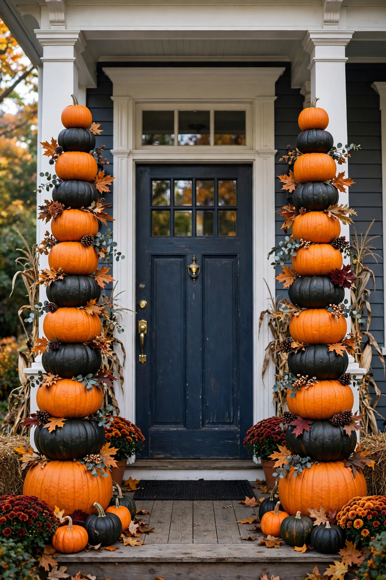 Tall stacks of orange and black pumpkins flanking both sides of a front door