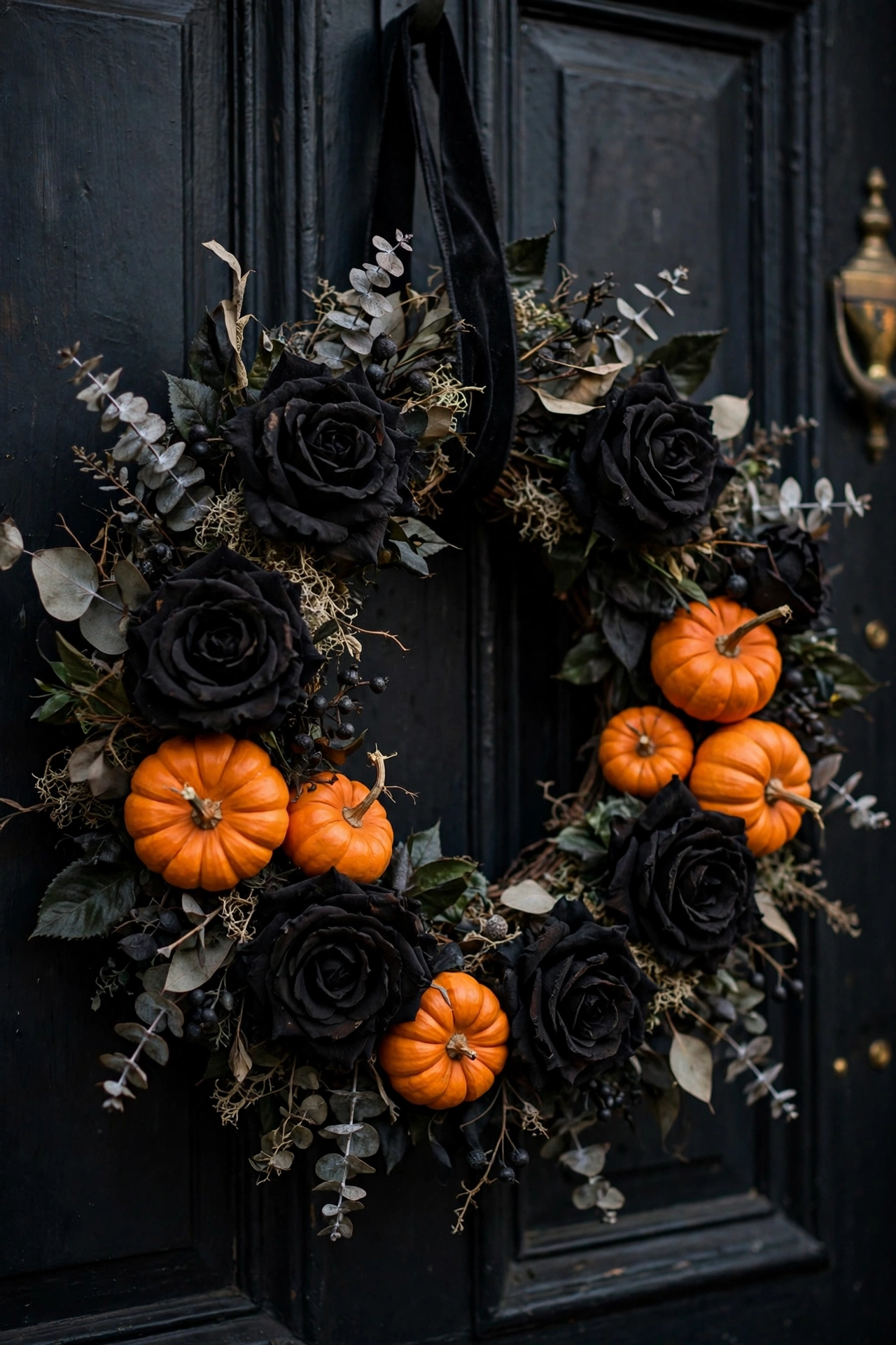 Halloween wreath of black roses and mini orange pumpkins hanging on a front door