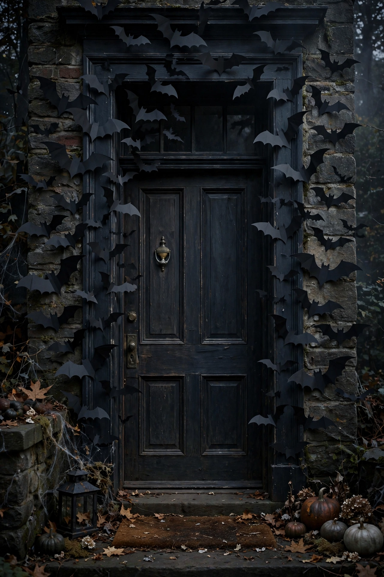 Black paper bat silhouettes swooping up a door frame in a flight pattern