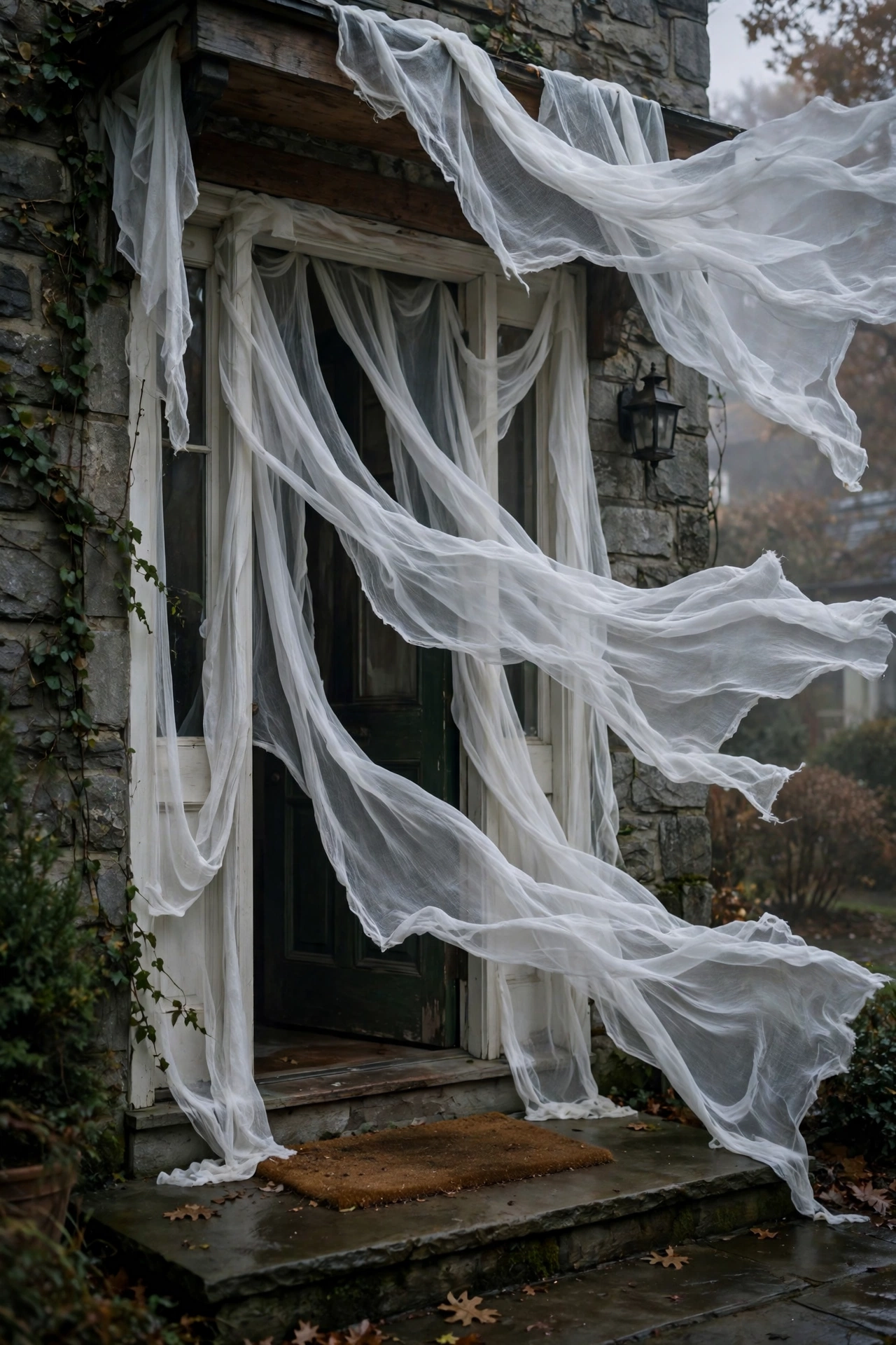 Flowing white cheesecloth draped over a front door frame like ghostly curtains