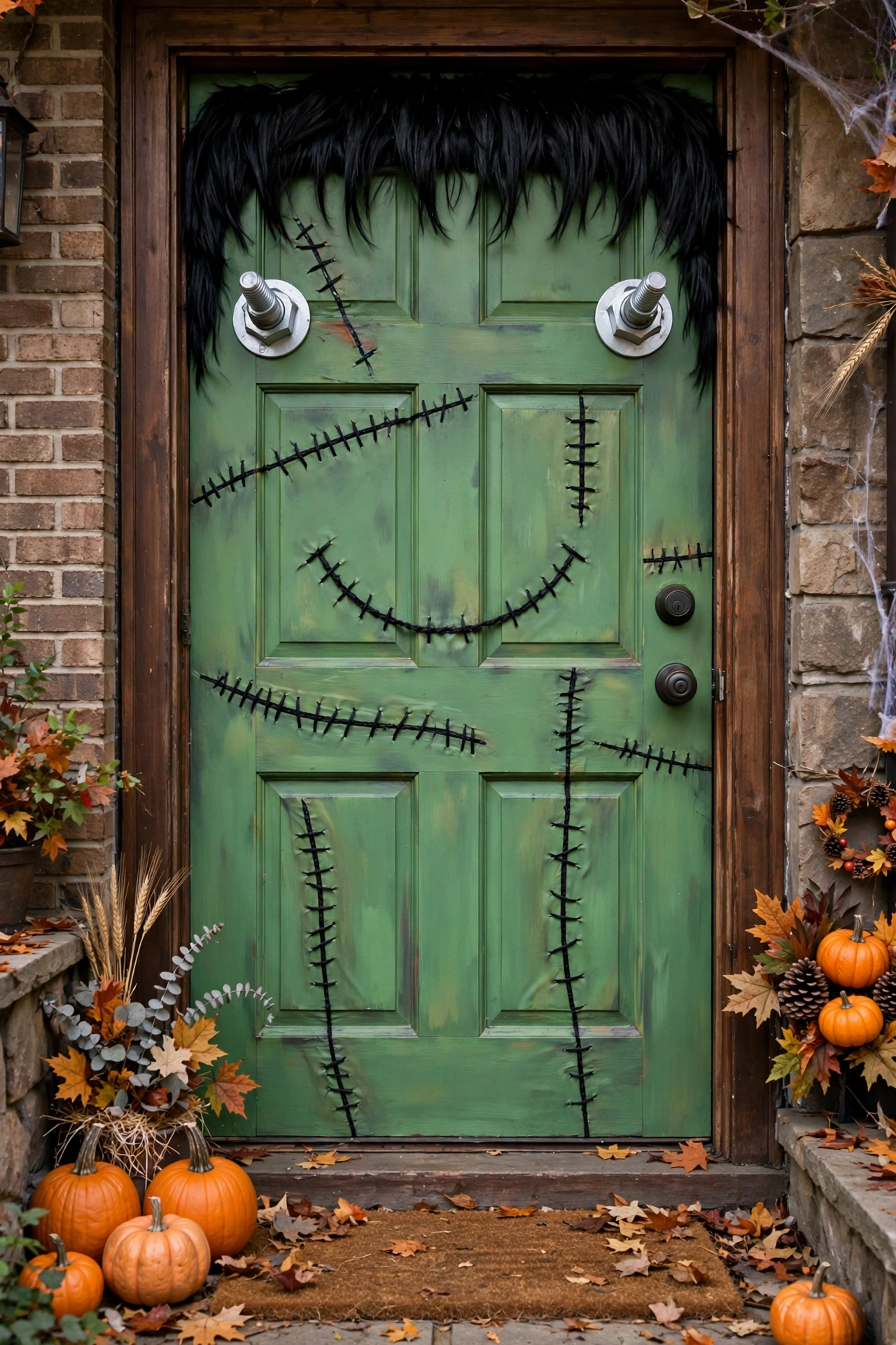 Front door decorated as Frankenstein's monster face with green base, bolts, and black hair