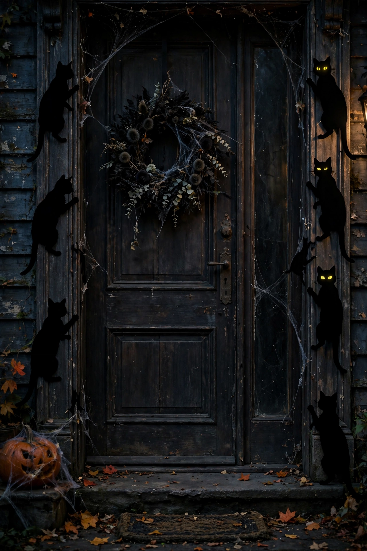 Black cat silhouettes with arched backs climbing up the edge of a front door