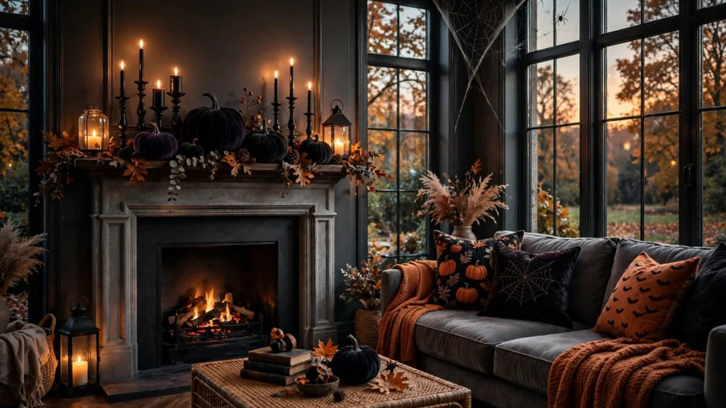 Stunning Halloween living room with styled mantel, glowing candles, velvet pumpkins, and moody autumn light