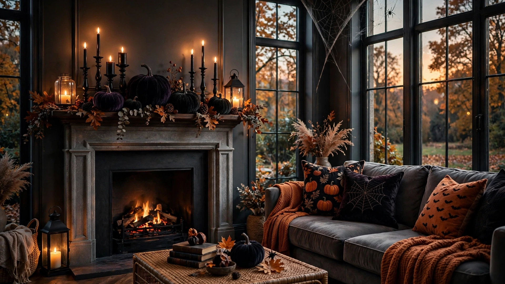 Stunning Halloween living room with styled mantel, glowing candles, velvet pumpkins, and moody autumn light