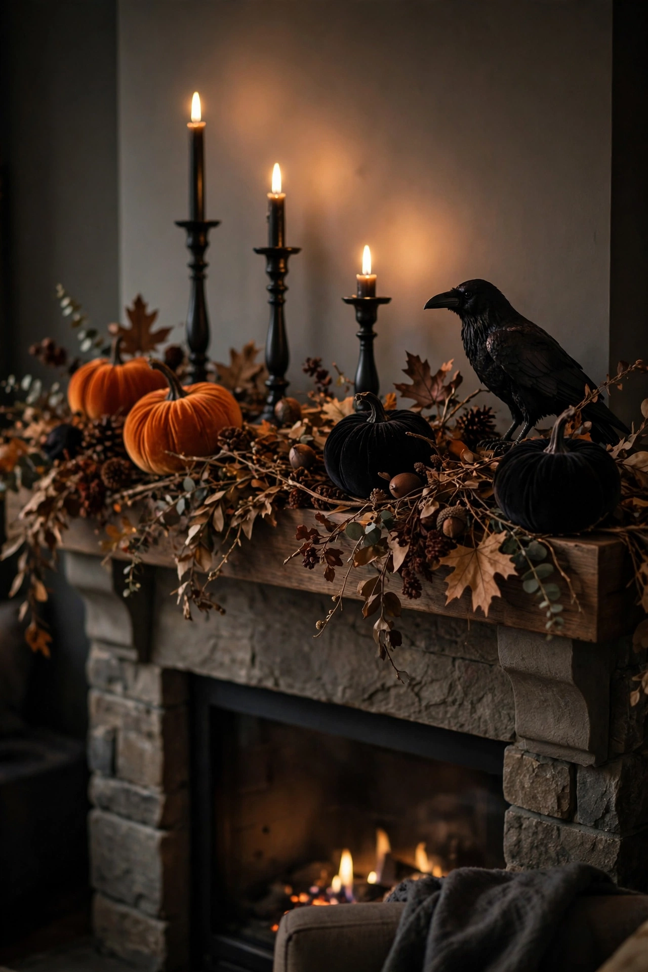 Halloween living room mantel styled with black candlesticks, velvet pumpkins, and a raven figurine