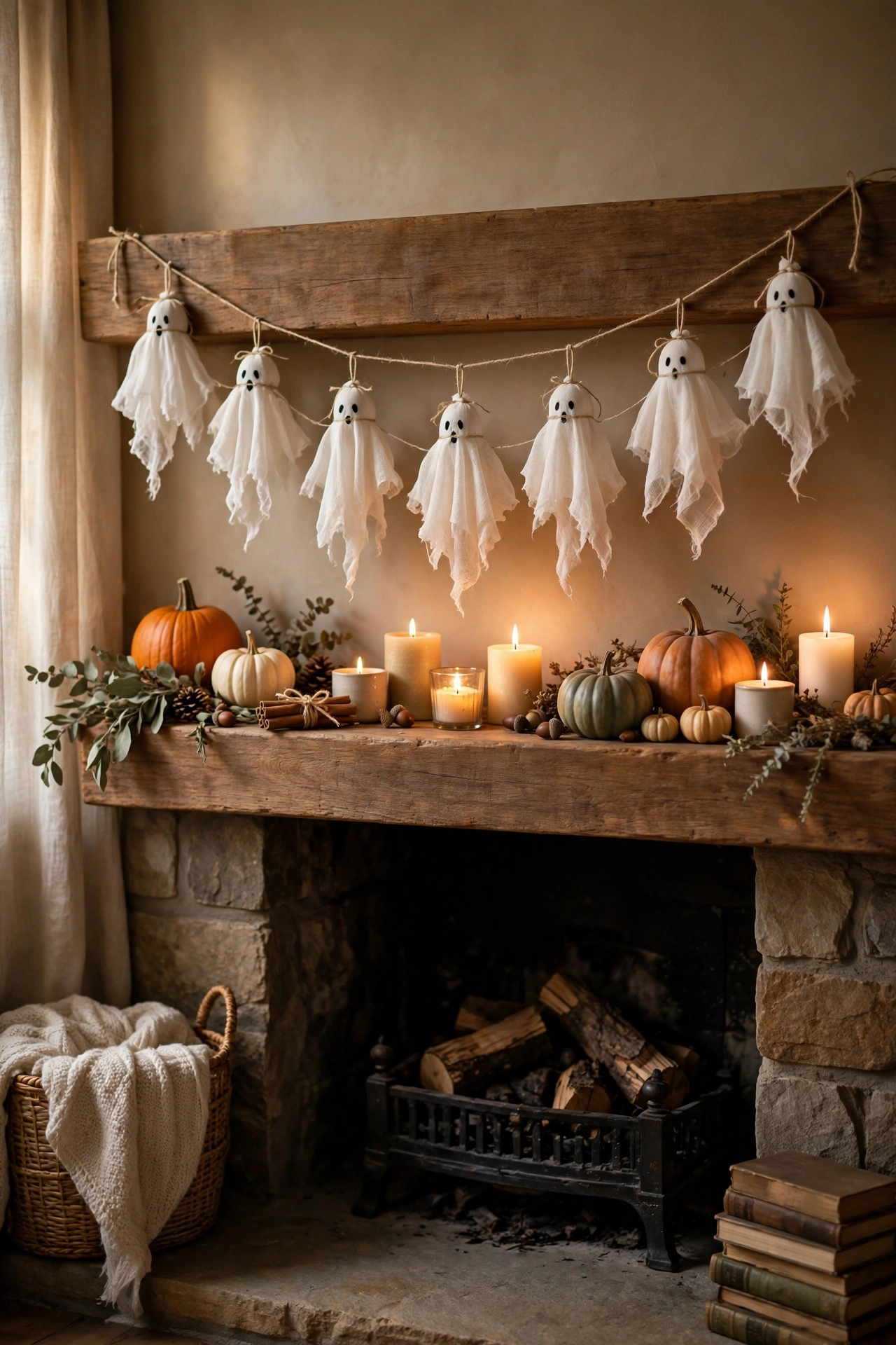 Living room lit with orange and purple LED lighting, moody Halloween glow