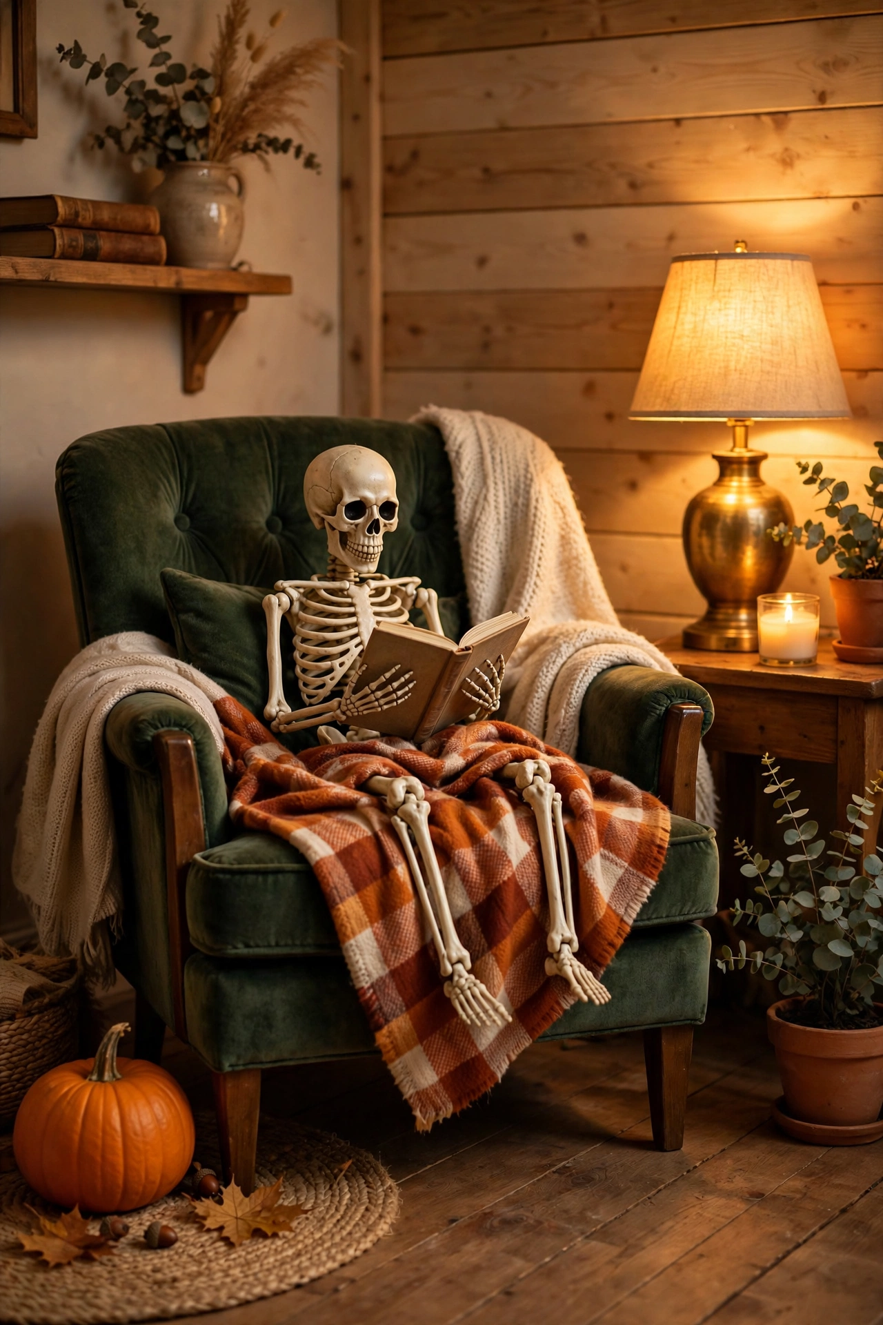 Armchair reading nook with a posed skeleton holding a book, blanket and pumpkin
