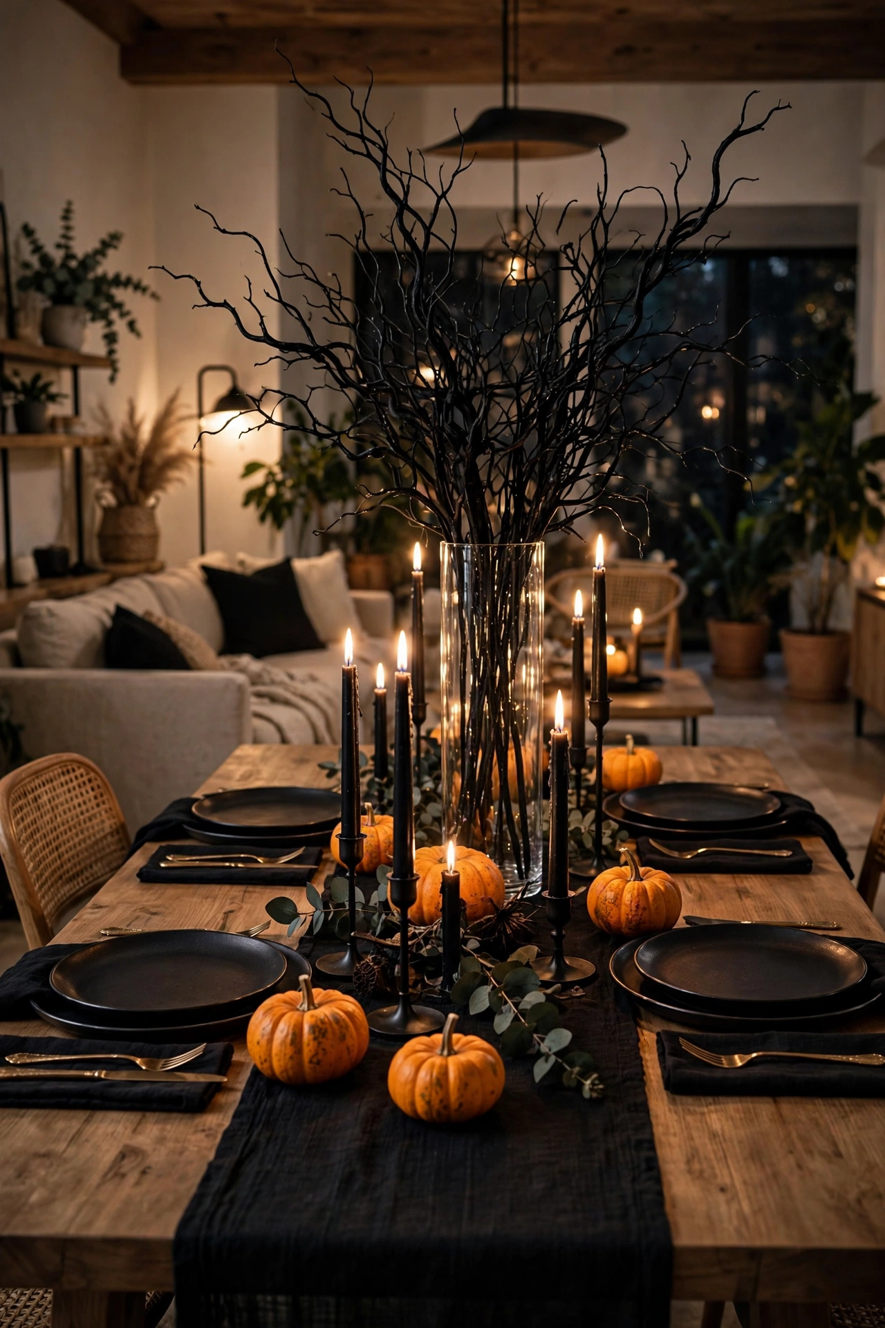 Halloween tablescape with black runner, taper candles, and mini pumpkins