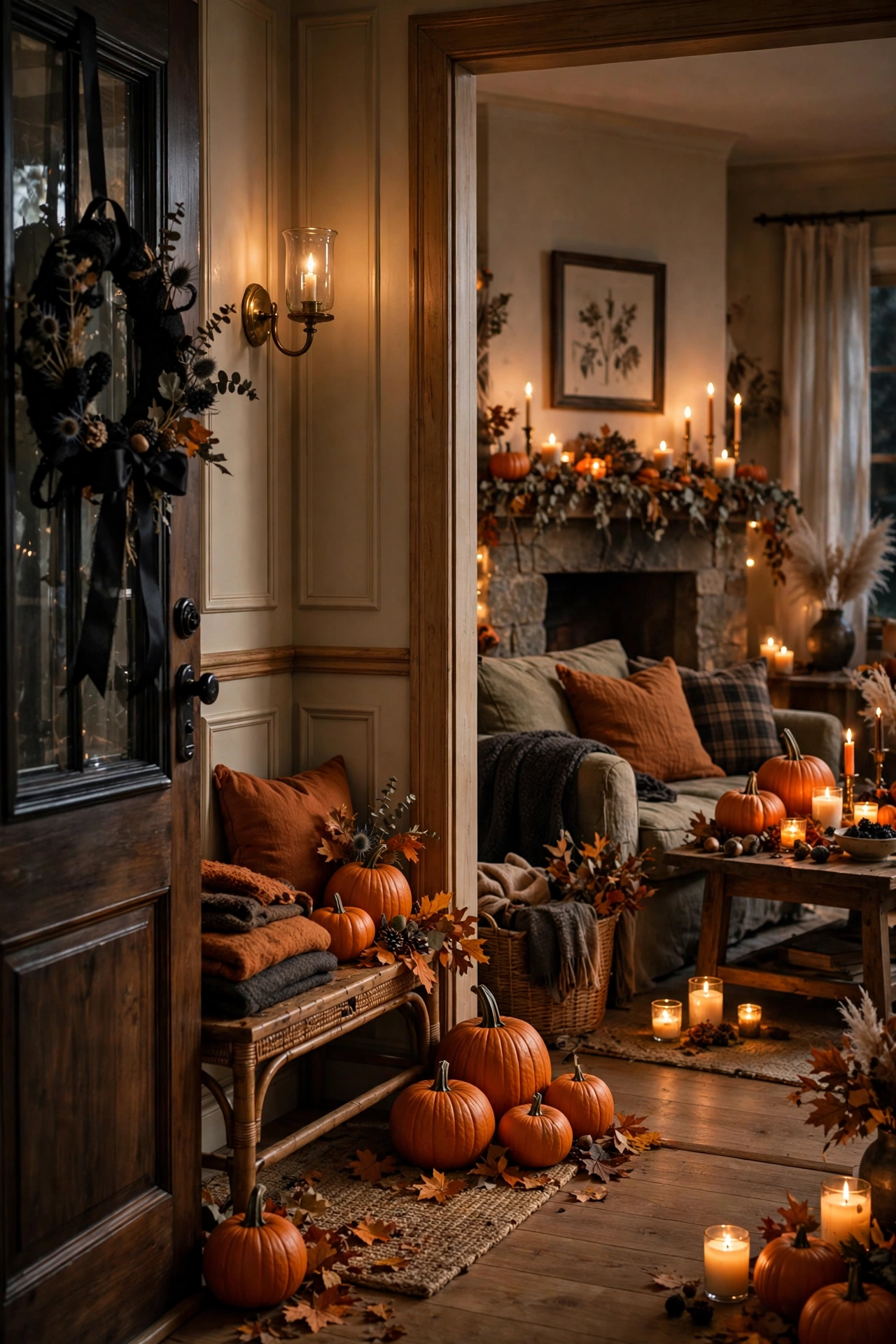 Entryway flowing into living room with matching pumpkins and candlelight, cohesive Halloween decor