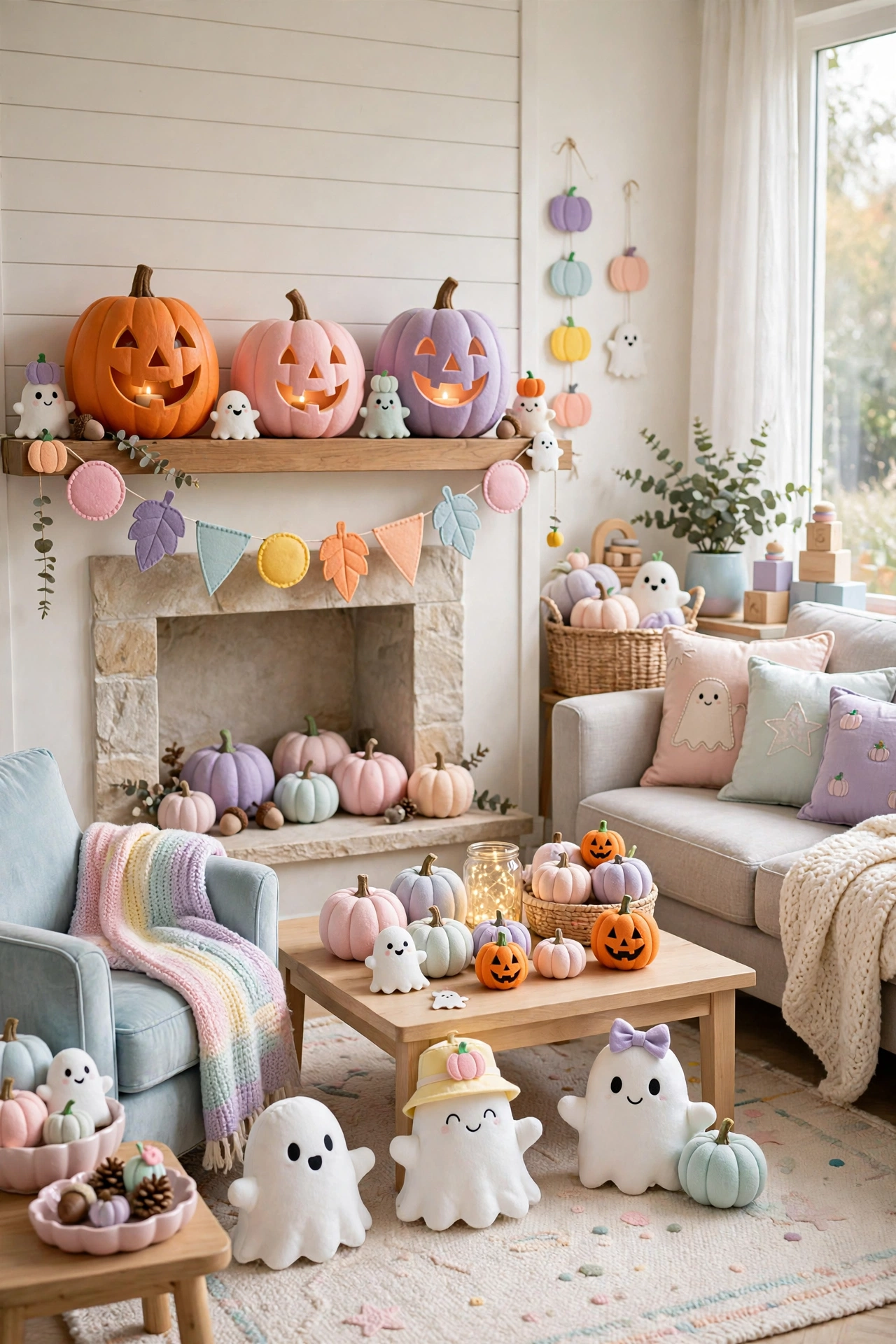 Cute Halloween living room with smiling pumpkin decorations and friendly ghost figures, kid-friendly