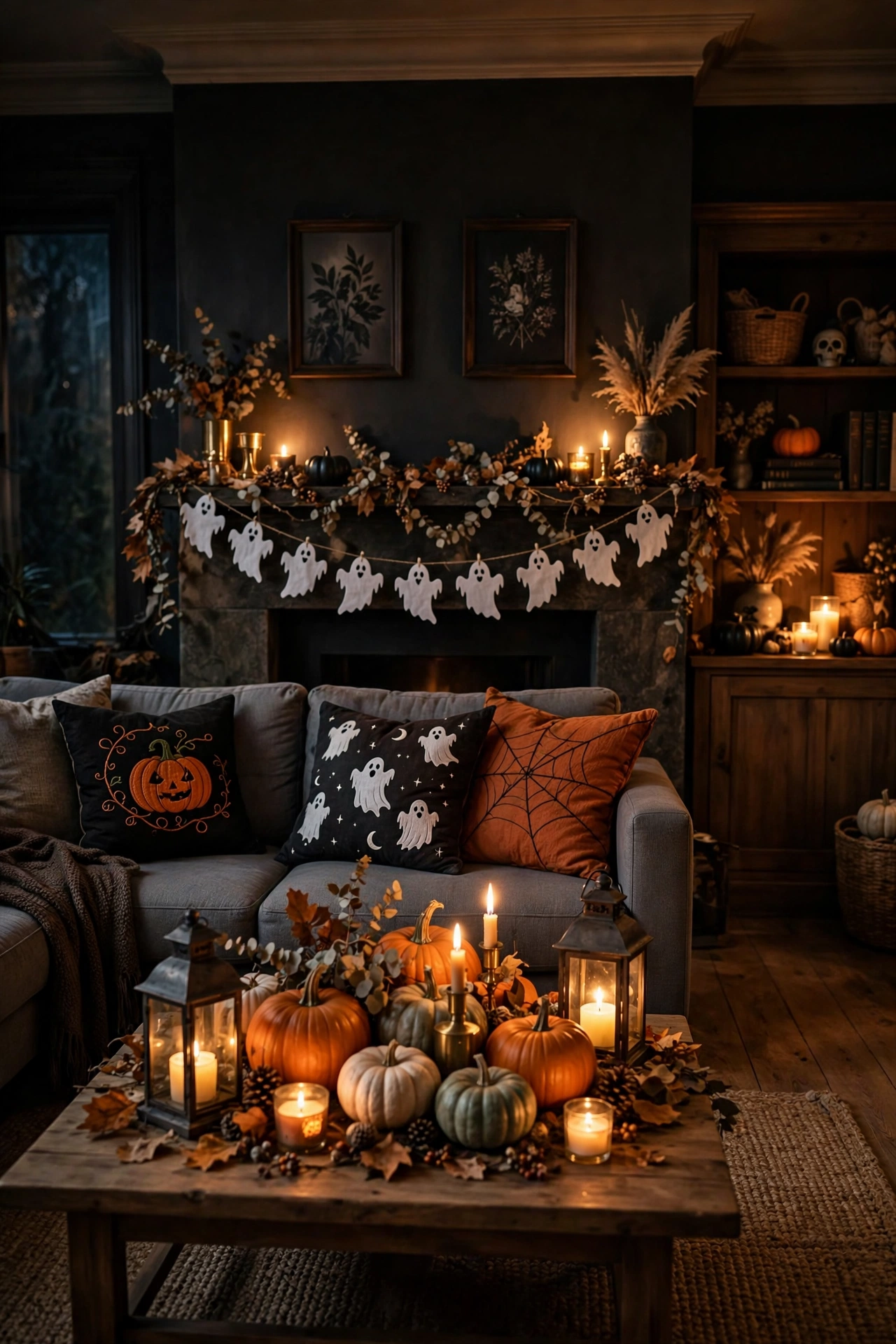 Fully decorated Halloween living room overview showing pillows, pumpkins, candles and garland together