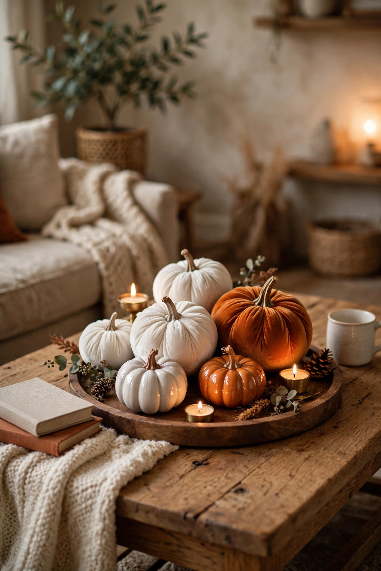 Elegant black and white Halloween living room with white pumpkins and black taper candles
