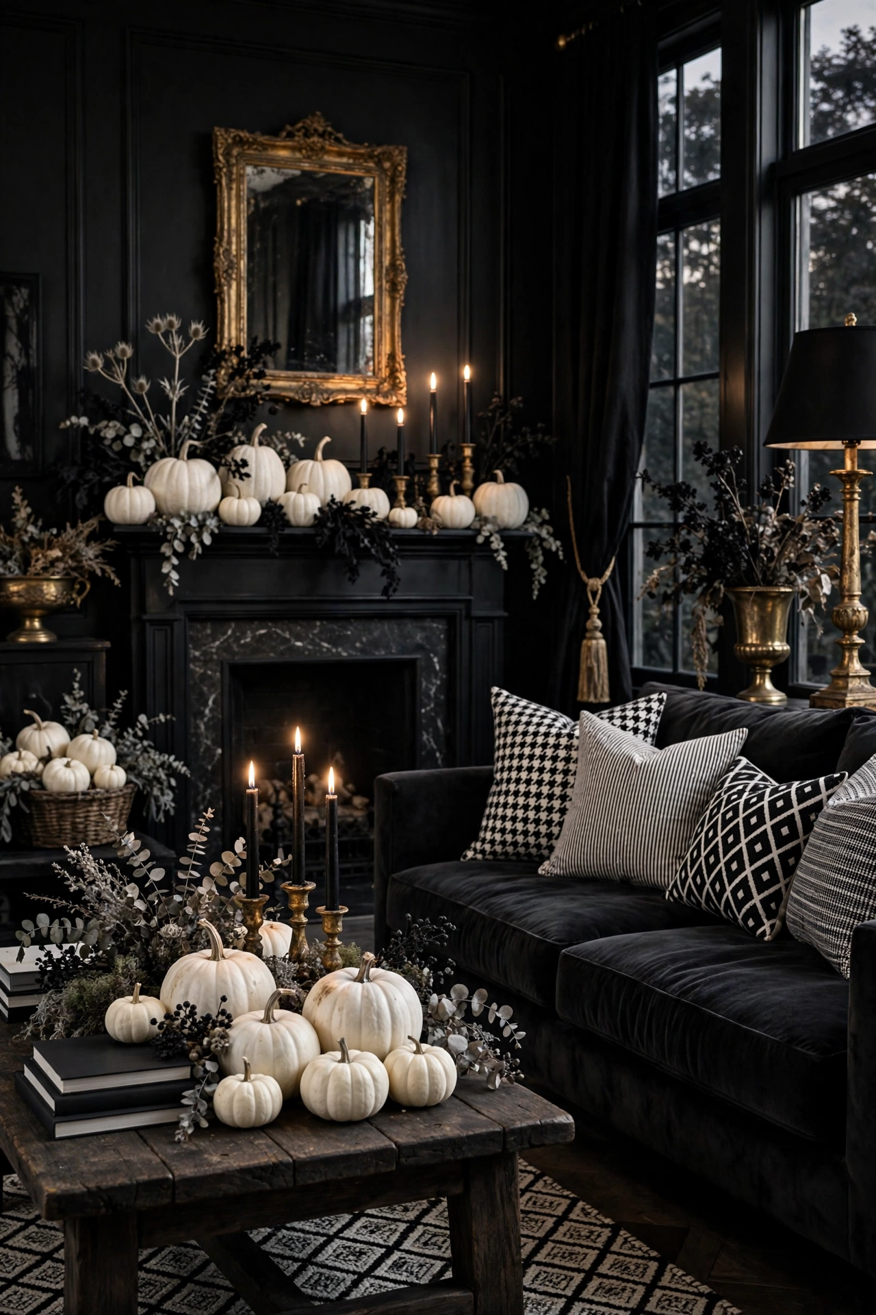 Coffee table with clustered velvet and ceramic pumpkins on a tray with candles