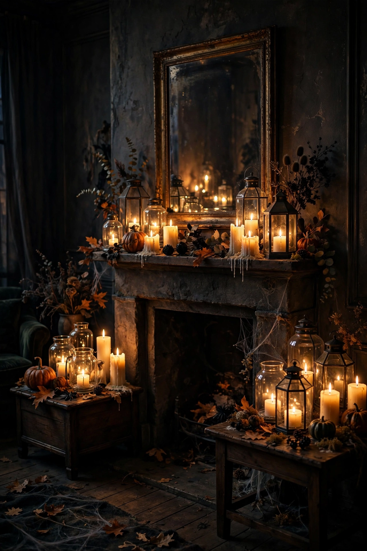 Living room glowing with clustered lanterns and pillar candles for eerie Halloween ambiance