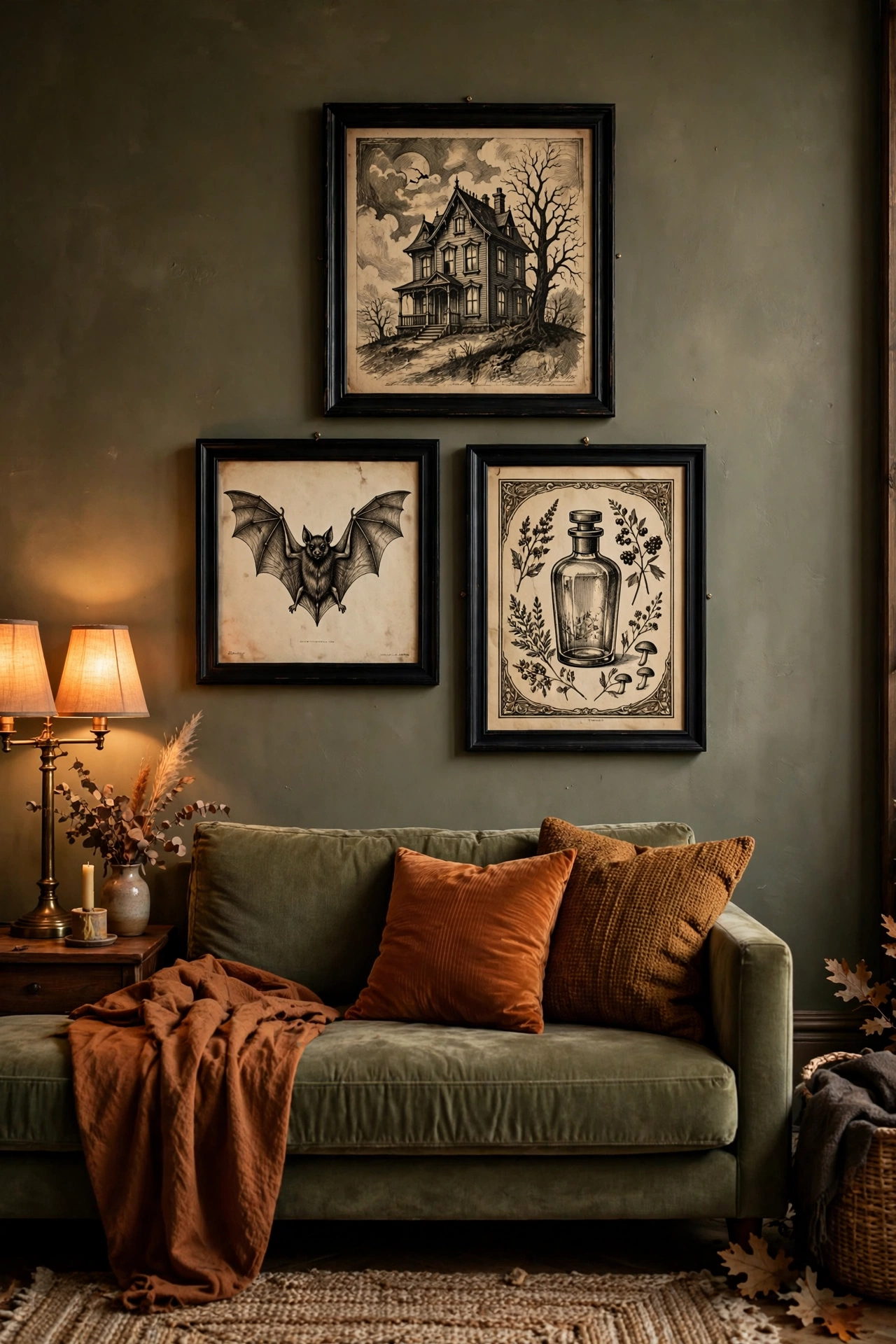 Sofa with Halloween throw pillows featuring black cats and moons, orange plaid throw blanket