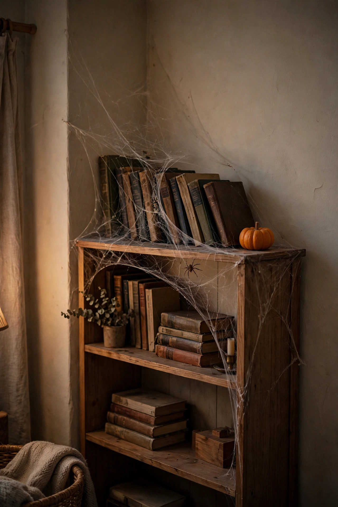 Gallery wall of vintage Halloween art prints in black frames above a sofa