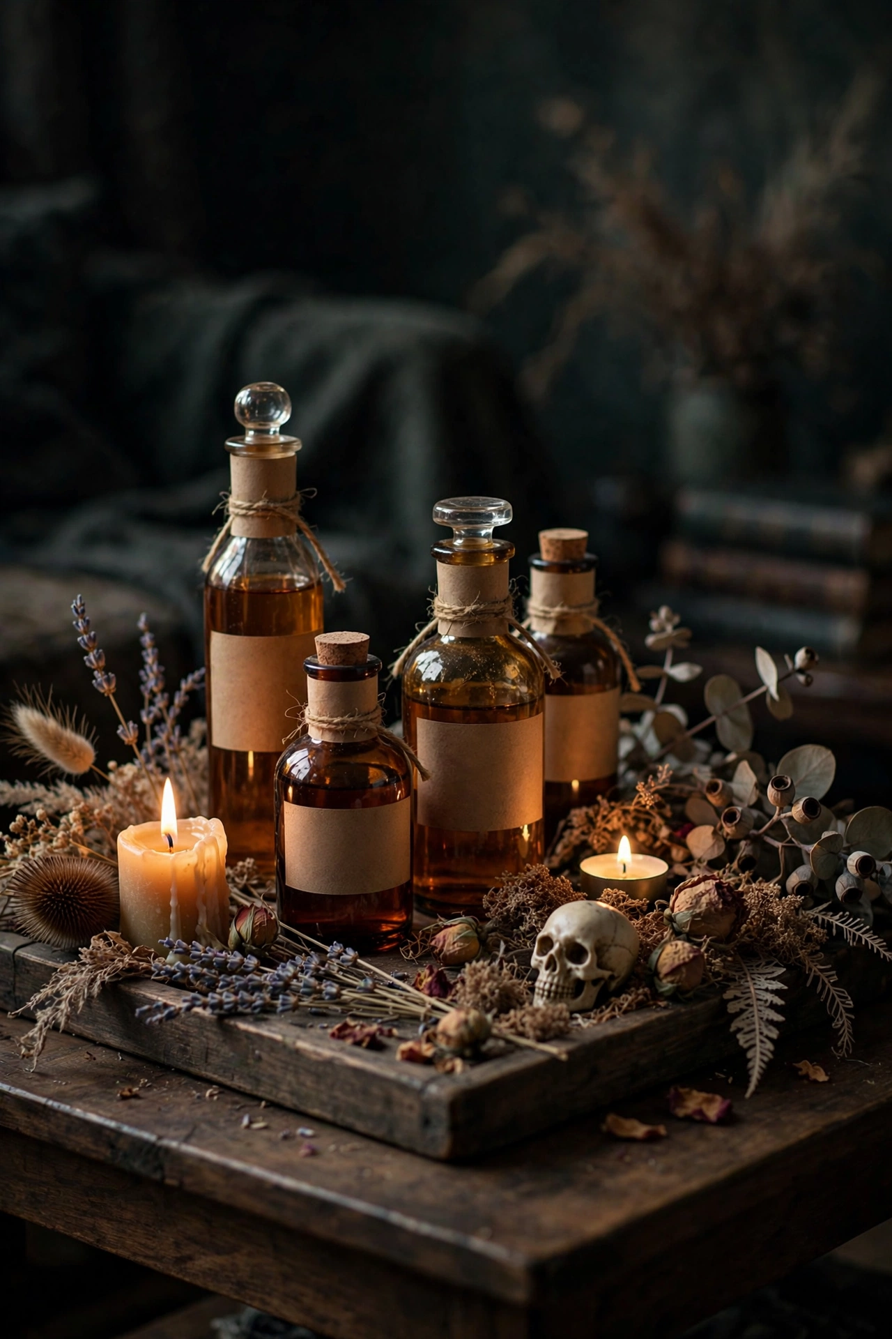 Apothecary vignette with vintage potion bottles, dried flowers, and a skull on a tray