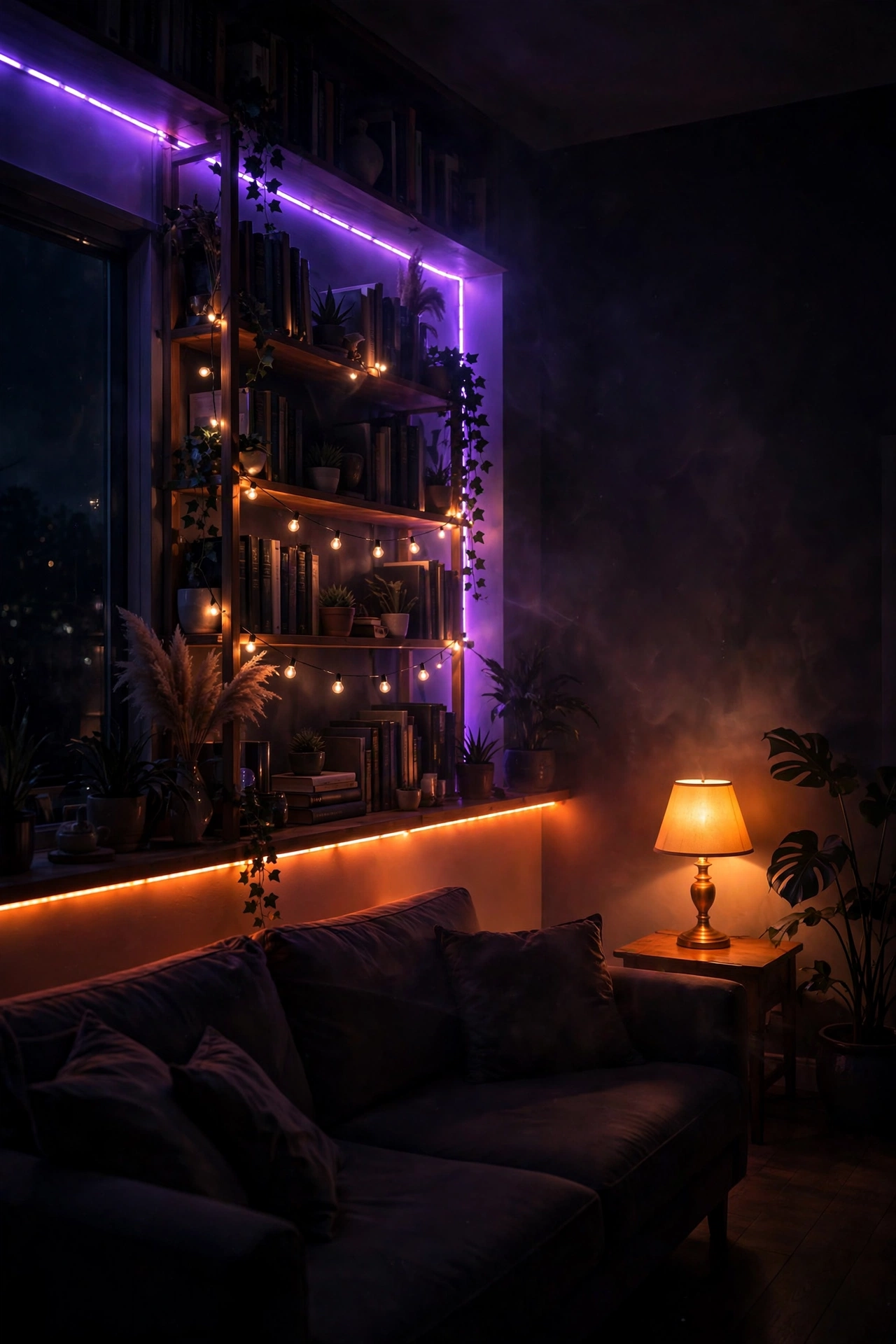 Cheesecloth ghost garland strung across a living room mantel