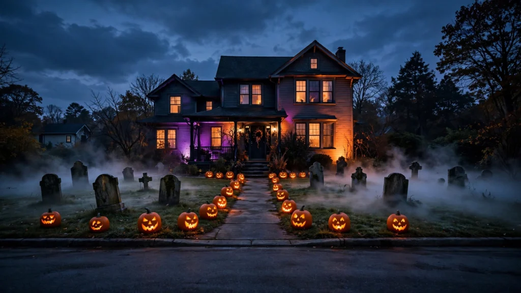 Spooky Halloween yard at dusk with glowing jack-o'-lantern pathway, graveyard and fog