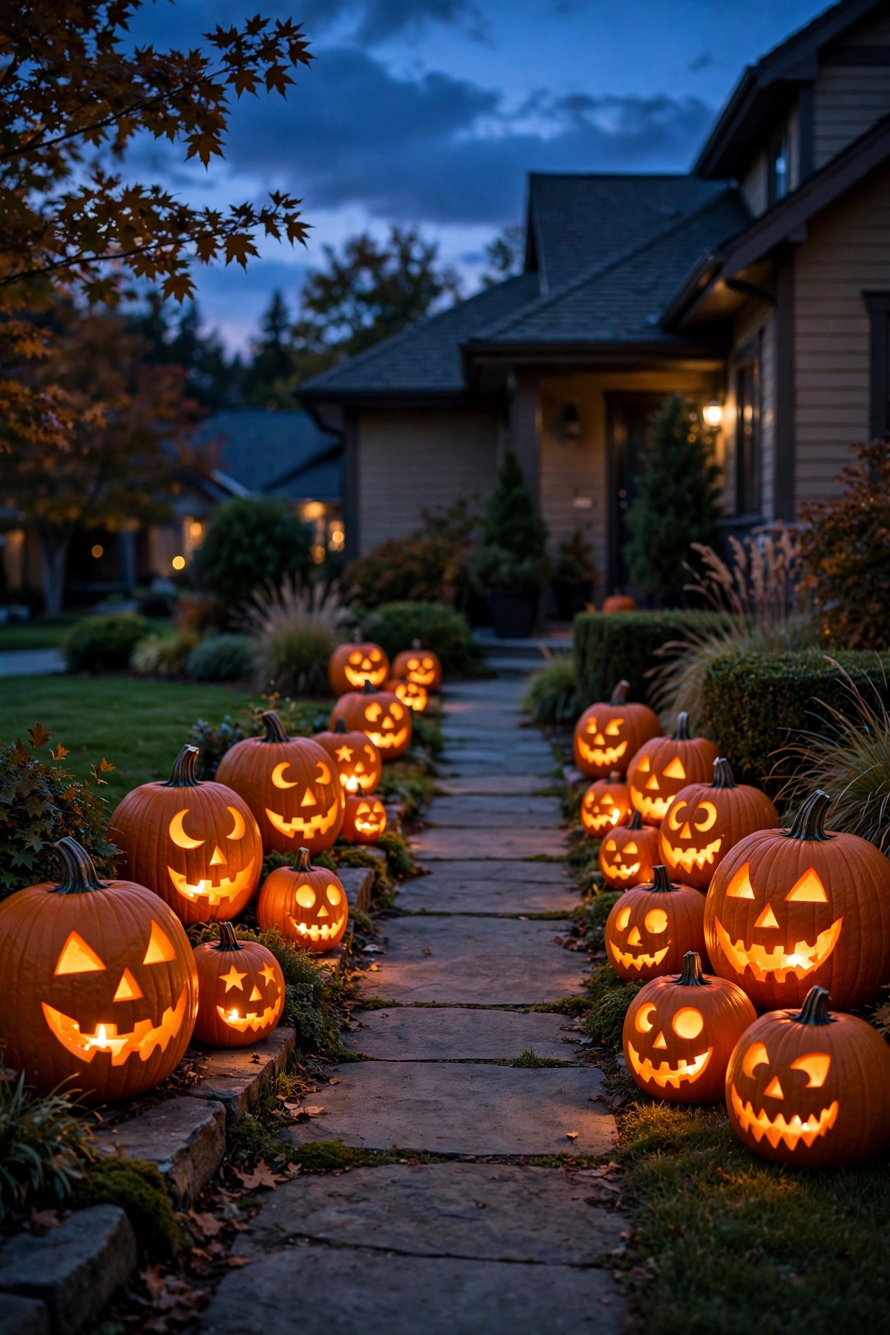 Walkway lined with glowing carved jack-o'-lantern pumpkins at dusk