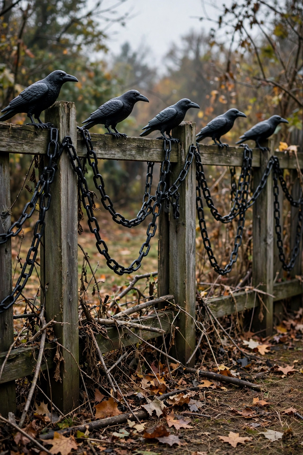 Wooden fence decorated with black ravens, plastic chains and beware sign