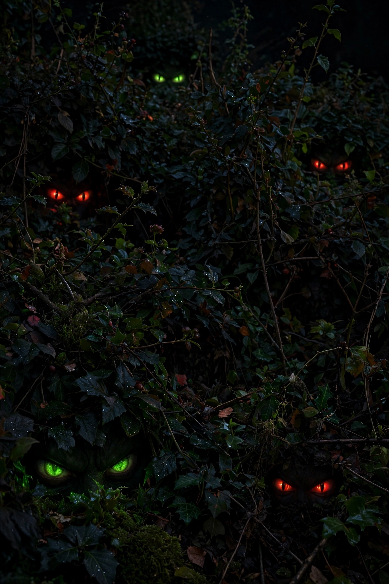 Glowing monster eyes peering out from dark bushes at night