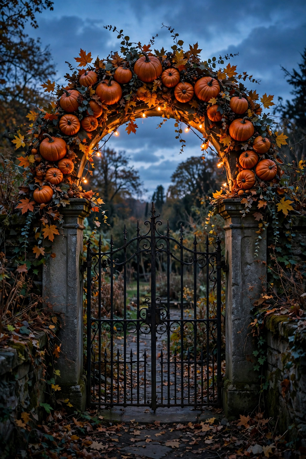 Pumpkin arch over garden gate with vines and orange string lights