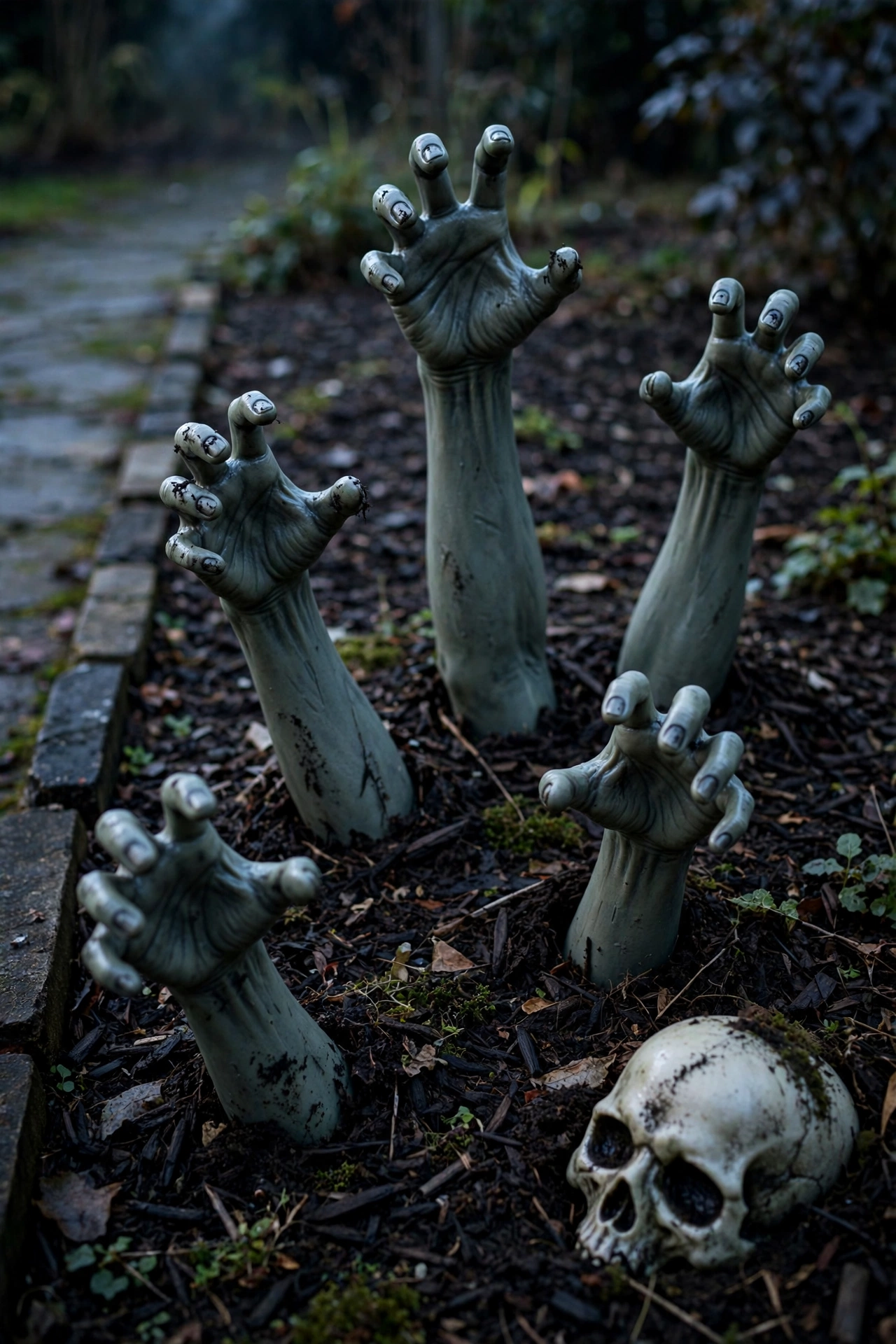 Zombie hands clawing up out of mulch garden bed near walkway