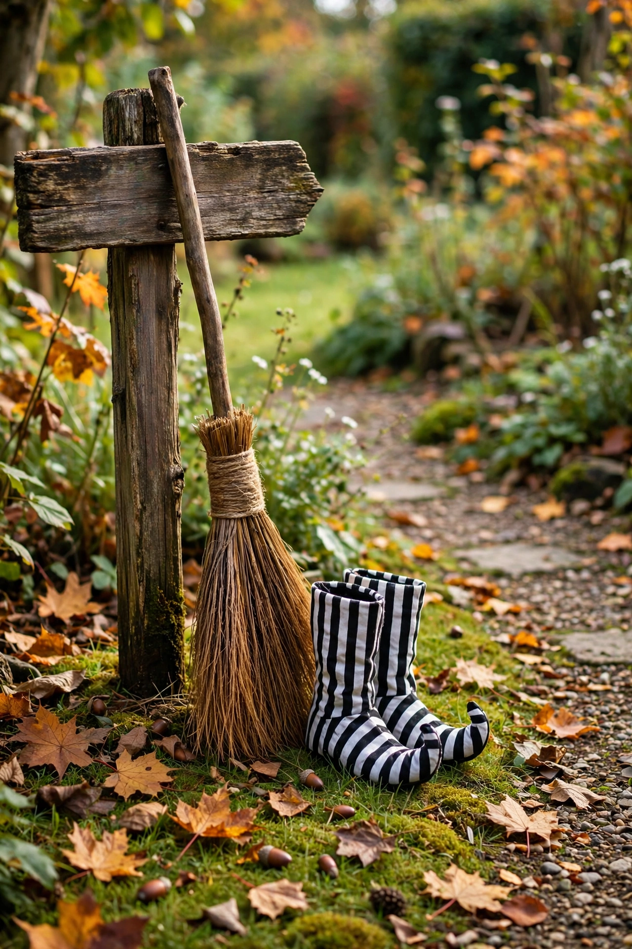 Witch parking sign with broom and striped boots by garden path