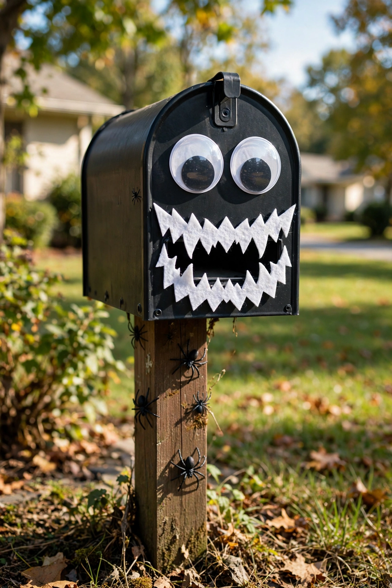 Mailbox decorated as monster with big googly eyes and felt teeth