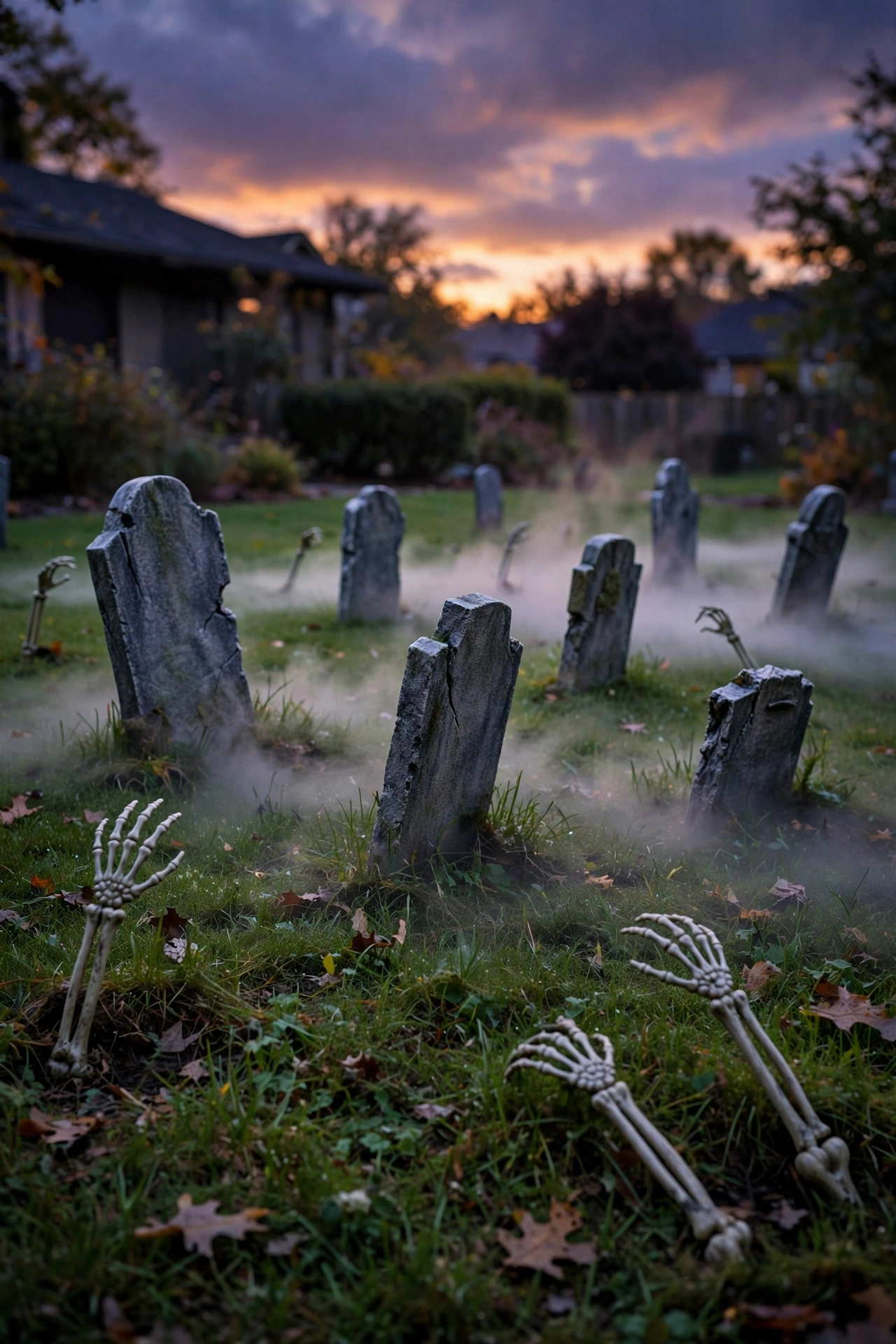 Front yard graveyard with foam tombstones, skeleton arms and ground fog