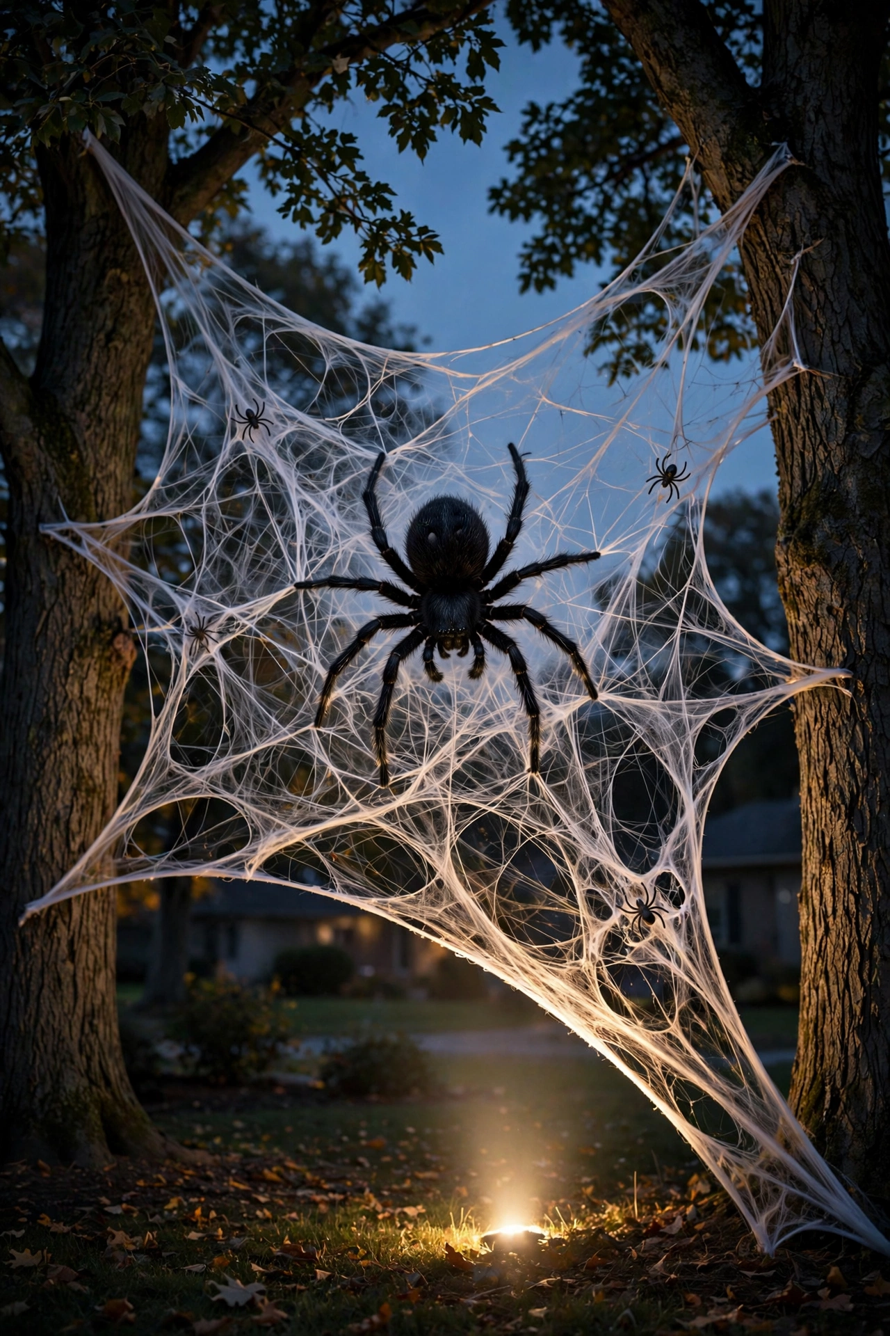 Giant spider web stretched between two trees with large black spider