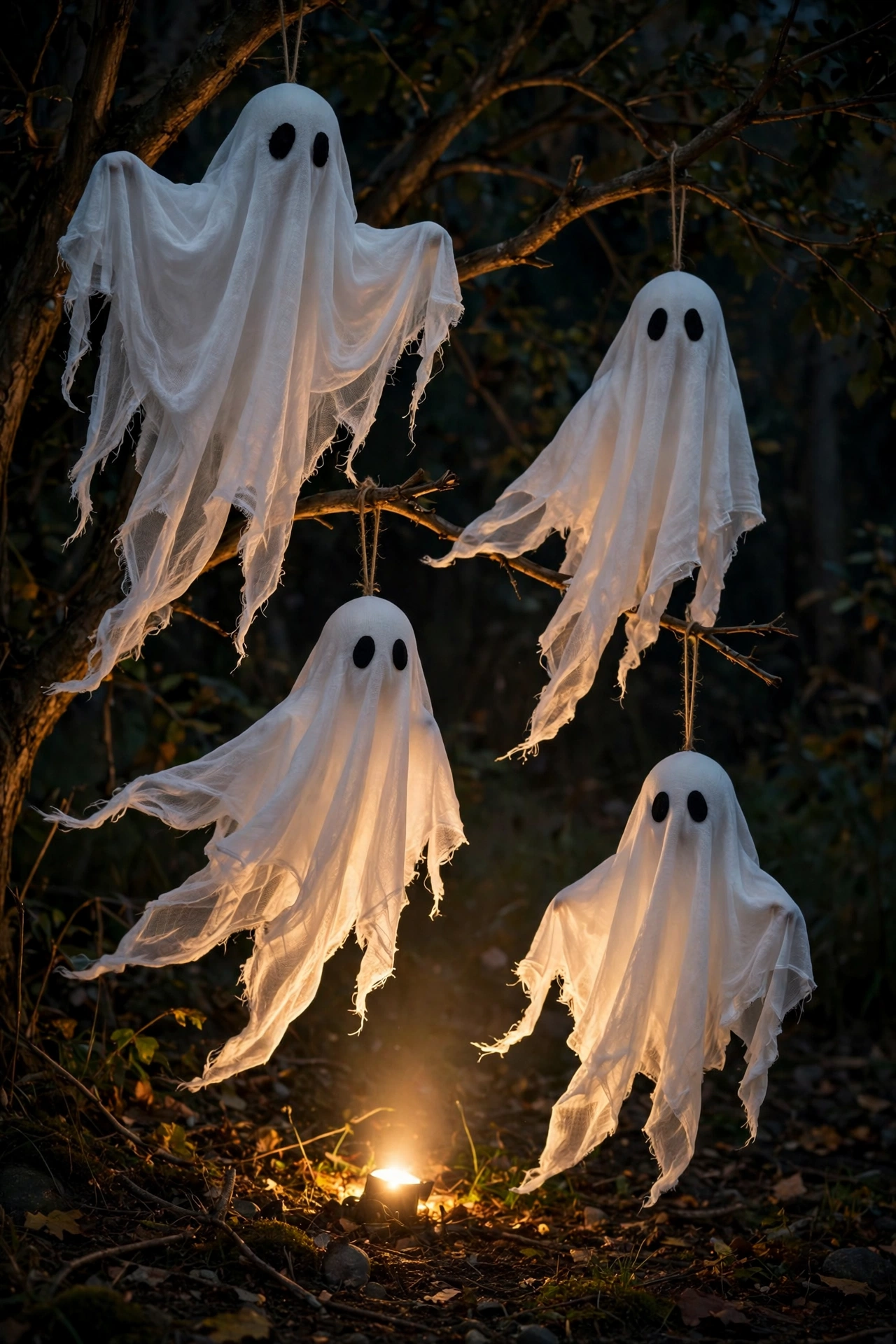 White cheesecloth ghosts hanging from tree branches at night